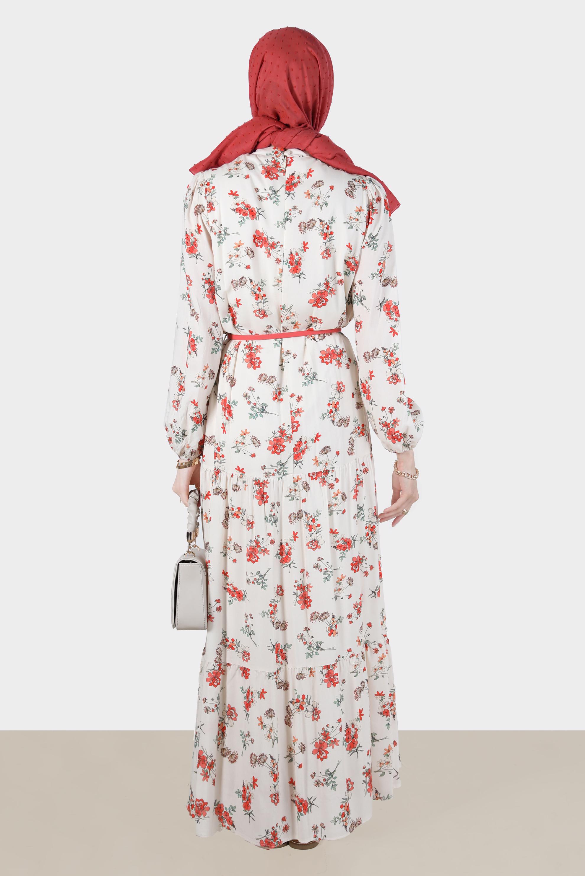 Vêtements hijab ROUGE ROBE EN VISCOSE MOTIF FLEURI DÉTAIL NOUÉ 42617