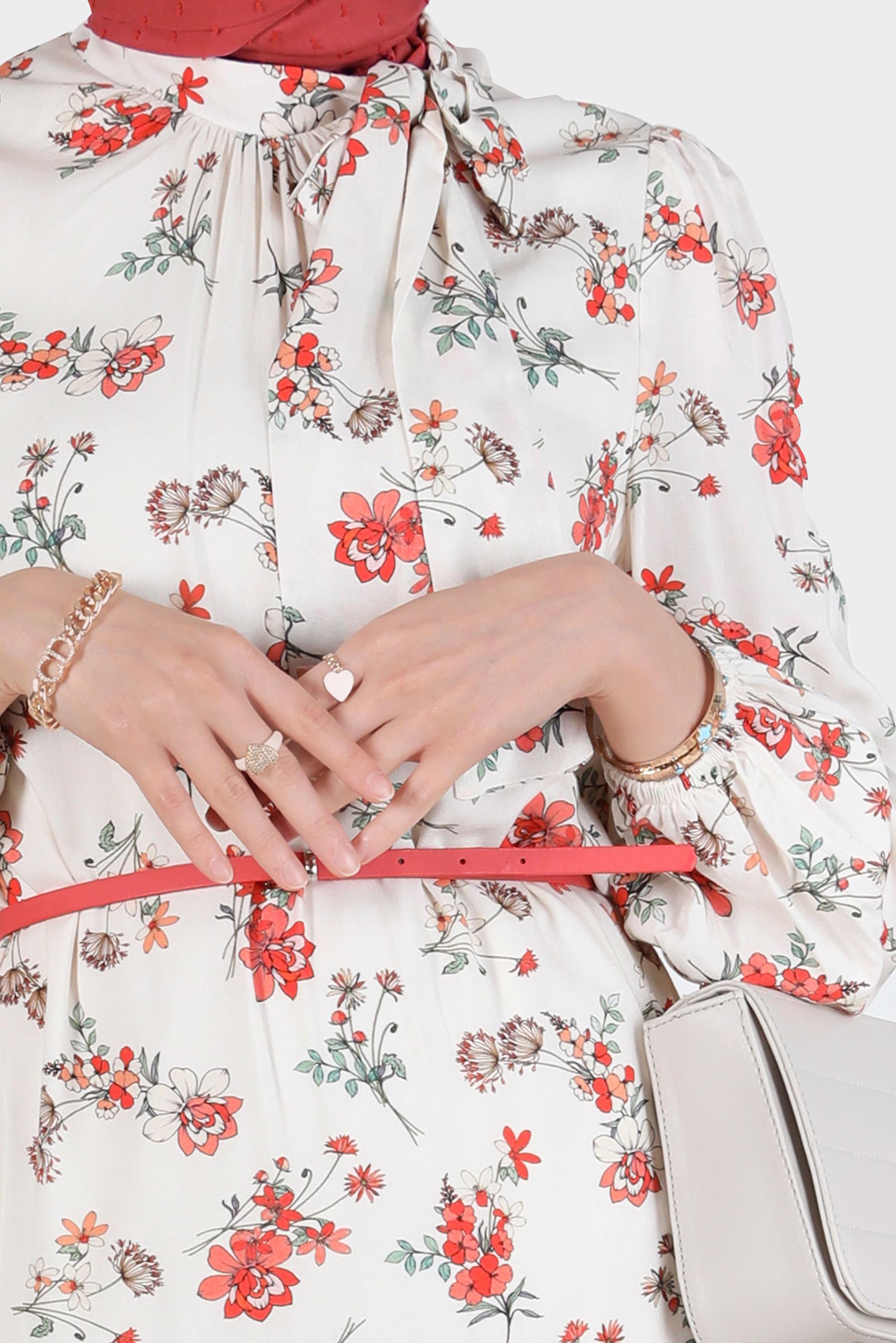 Vêtements hijab ROUGE ROBE EN VISCOSE MOTIF FLEURI DÉTAIL NOUÉ 42617