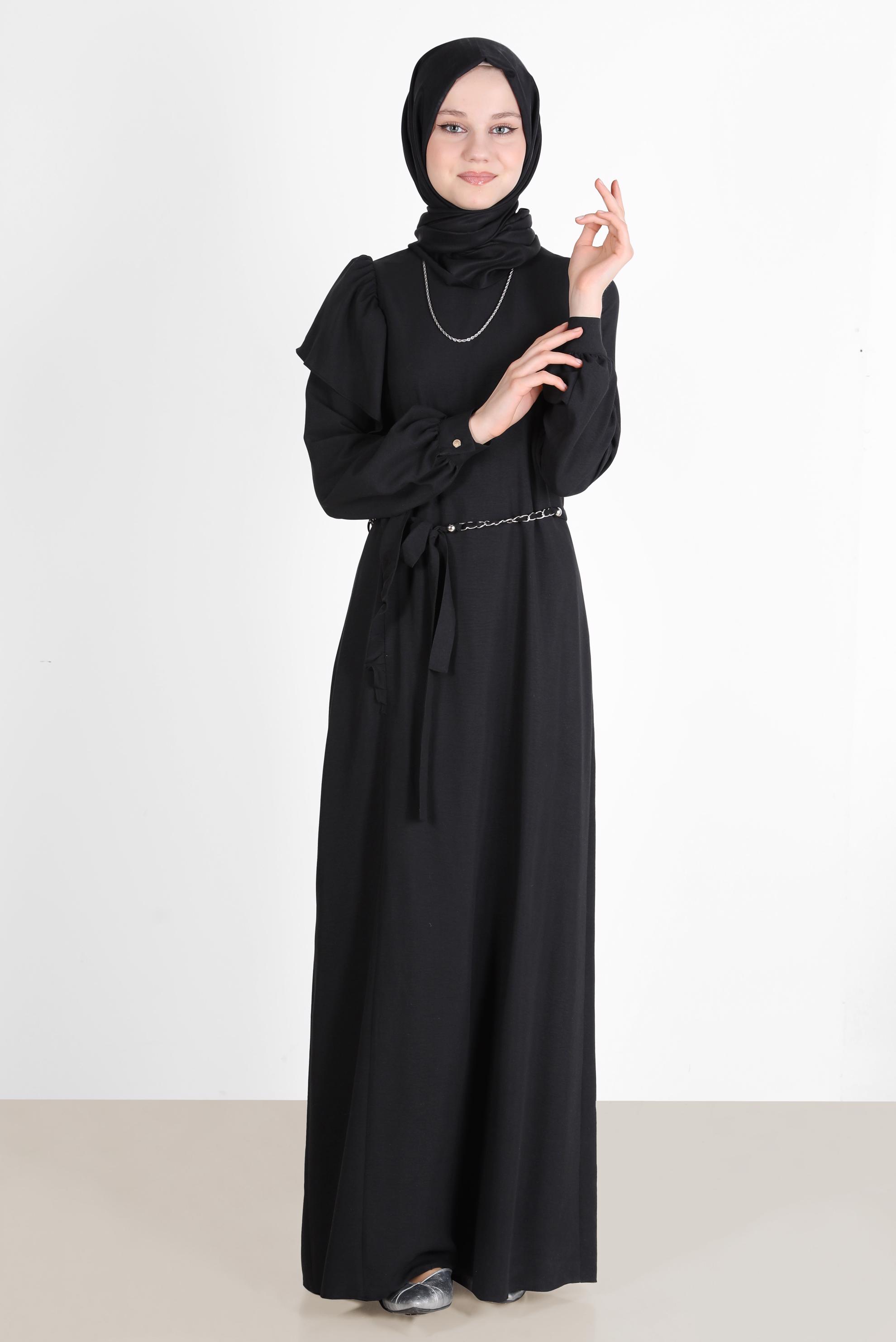 Tesettür giyim SİYAH VOLAN DETAYLI METAL KUŞAKLI ELBİSE 42619 