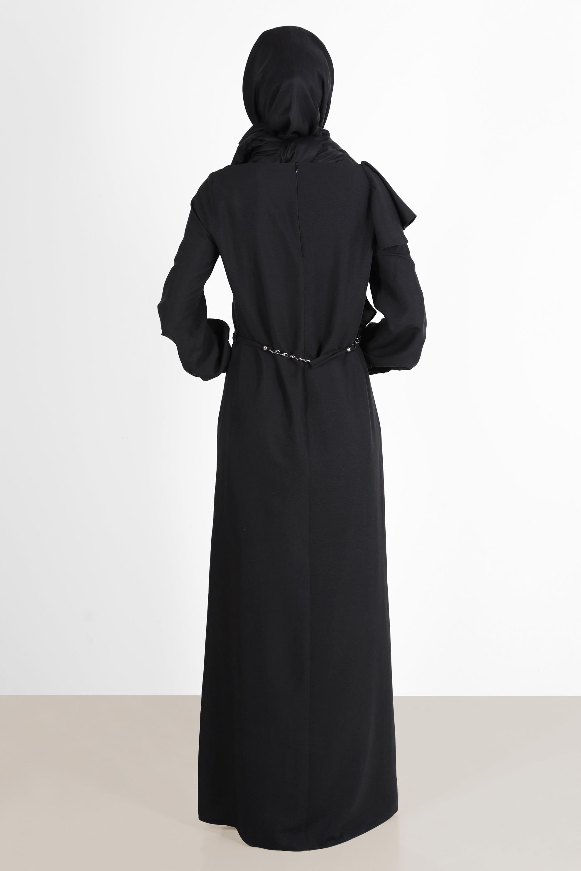 Tesettür giyim SİYAH VOLAN DETAYLI METAL KUŞAKLI ELBİSE 42619 