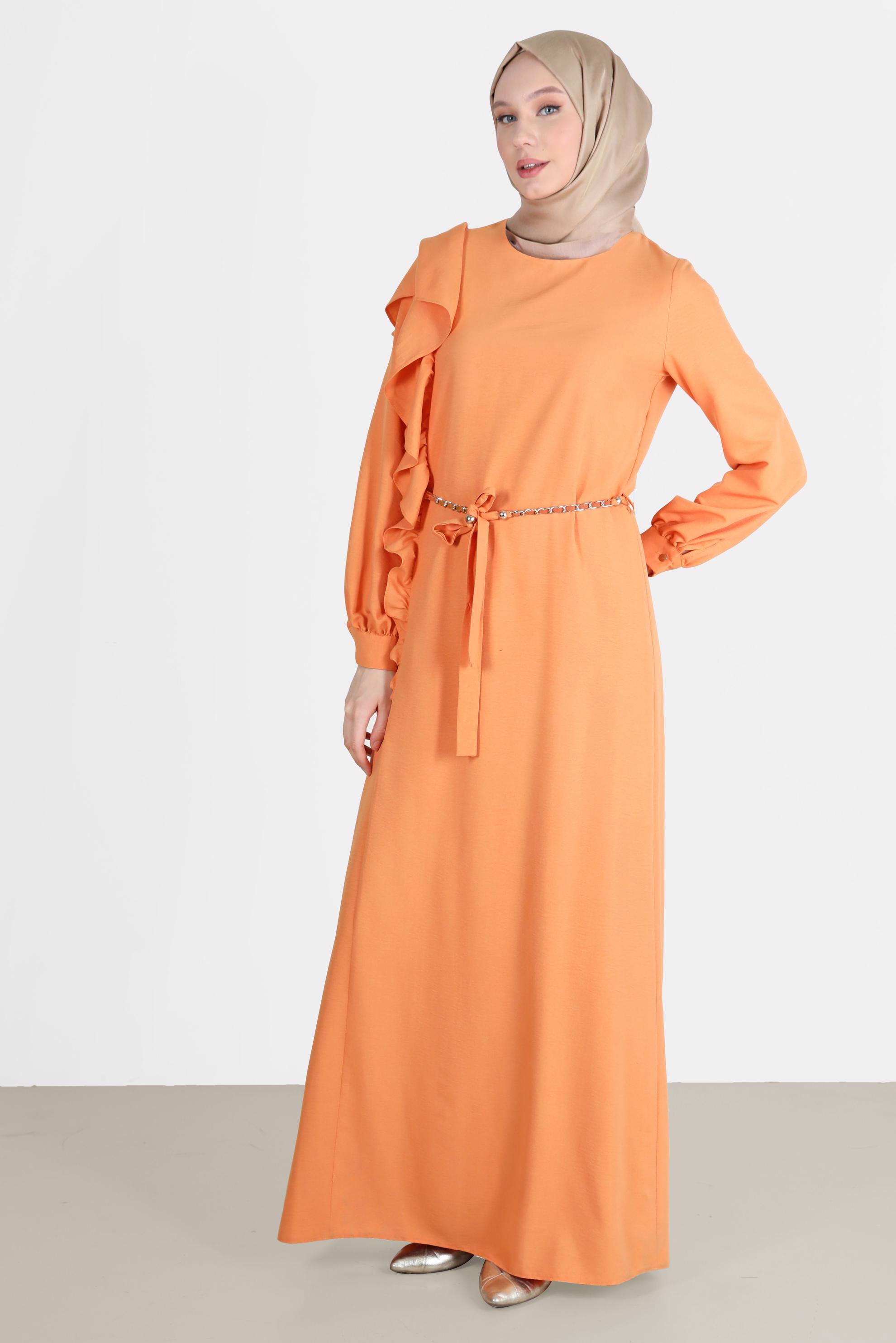 Tesettür giyim TURUNCU VOLAN DETAYLI METAL KUŞAKLI ELBİSE 42619 