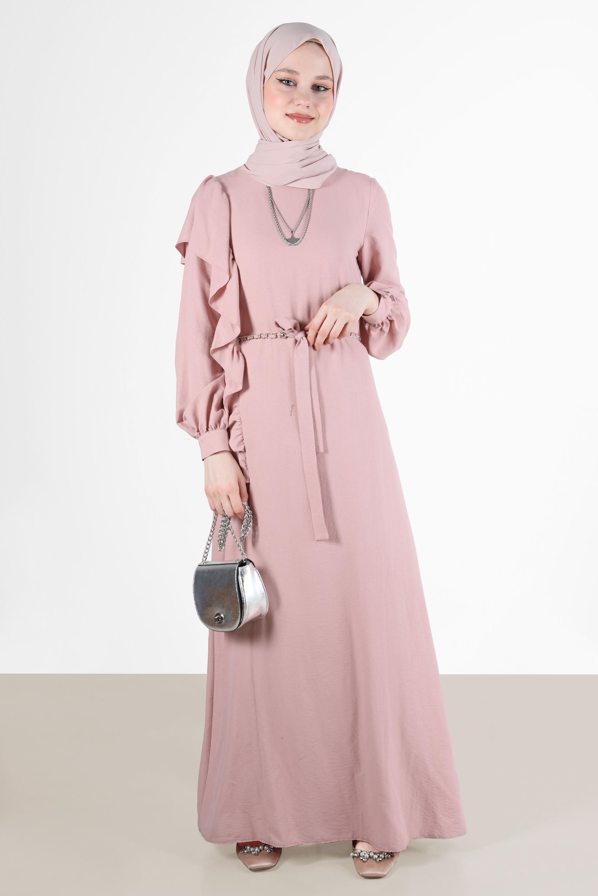 Tesettür giyim PUDRA VOLAN DETAYLI METAL KUŞAKLI ELBİSE 42619 