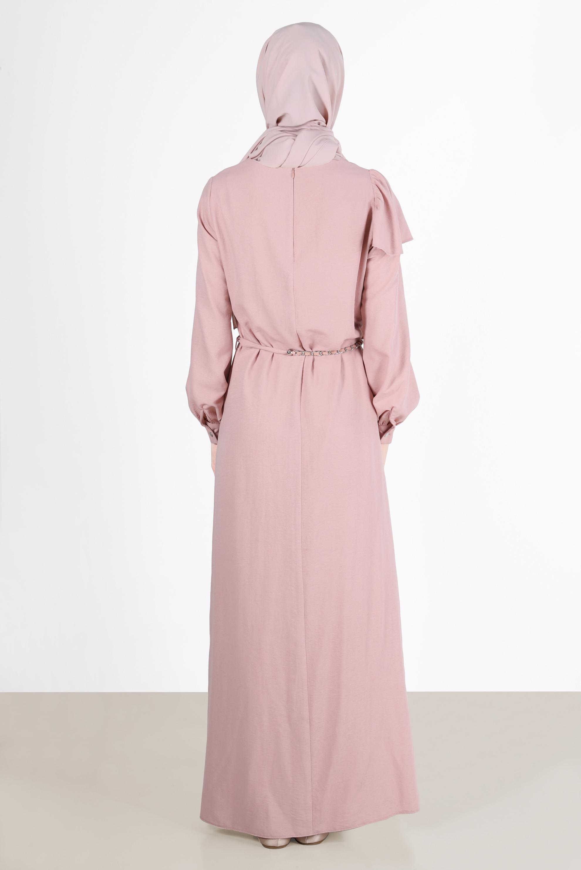 Tesettür giyim PUDRA VOLAN DETAYLI METAL KUŞAKLI ELBİSE 42619 