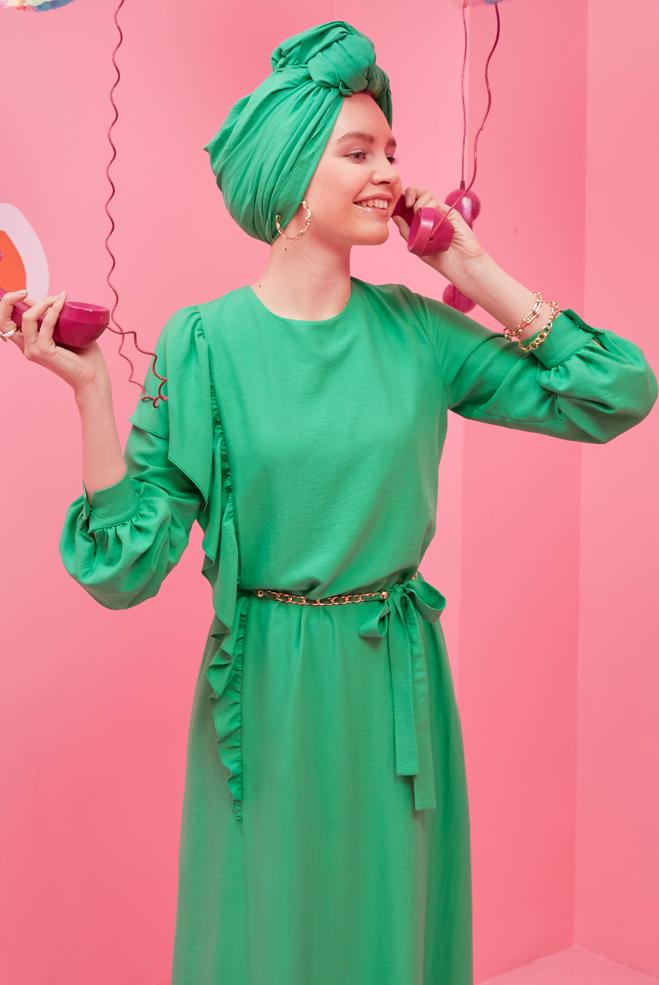 Tesettür giyim  VOLAN DETAYLI METAL KUŞAKLI ELBİSE 42619  - ALVİNA