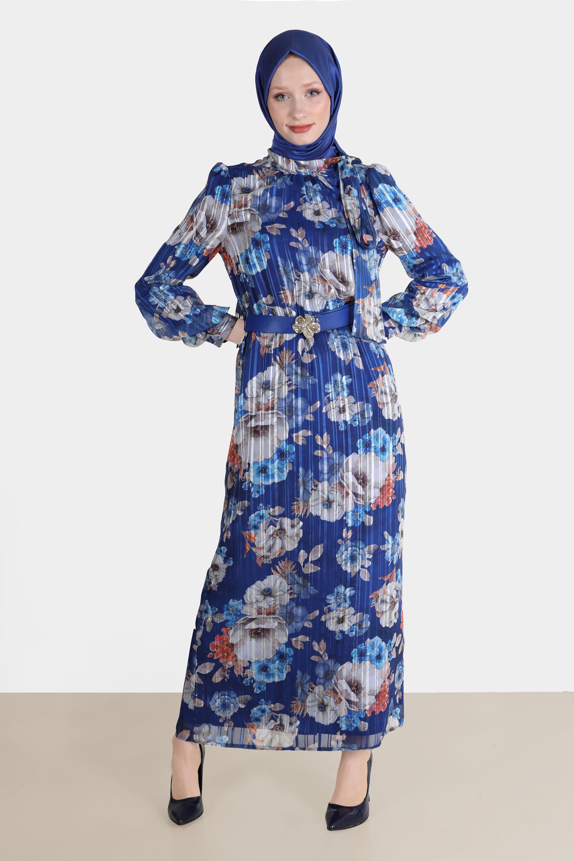 Tesettür giyim LACİVERT FİYONK DETAYLI DESENLİ ŞİFON ELBİSE 42620 