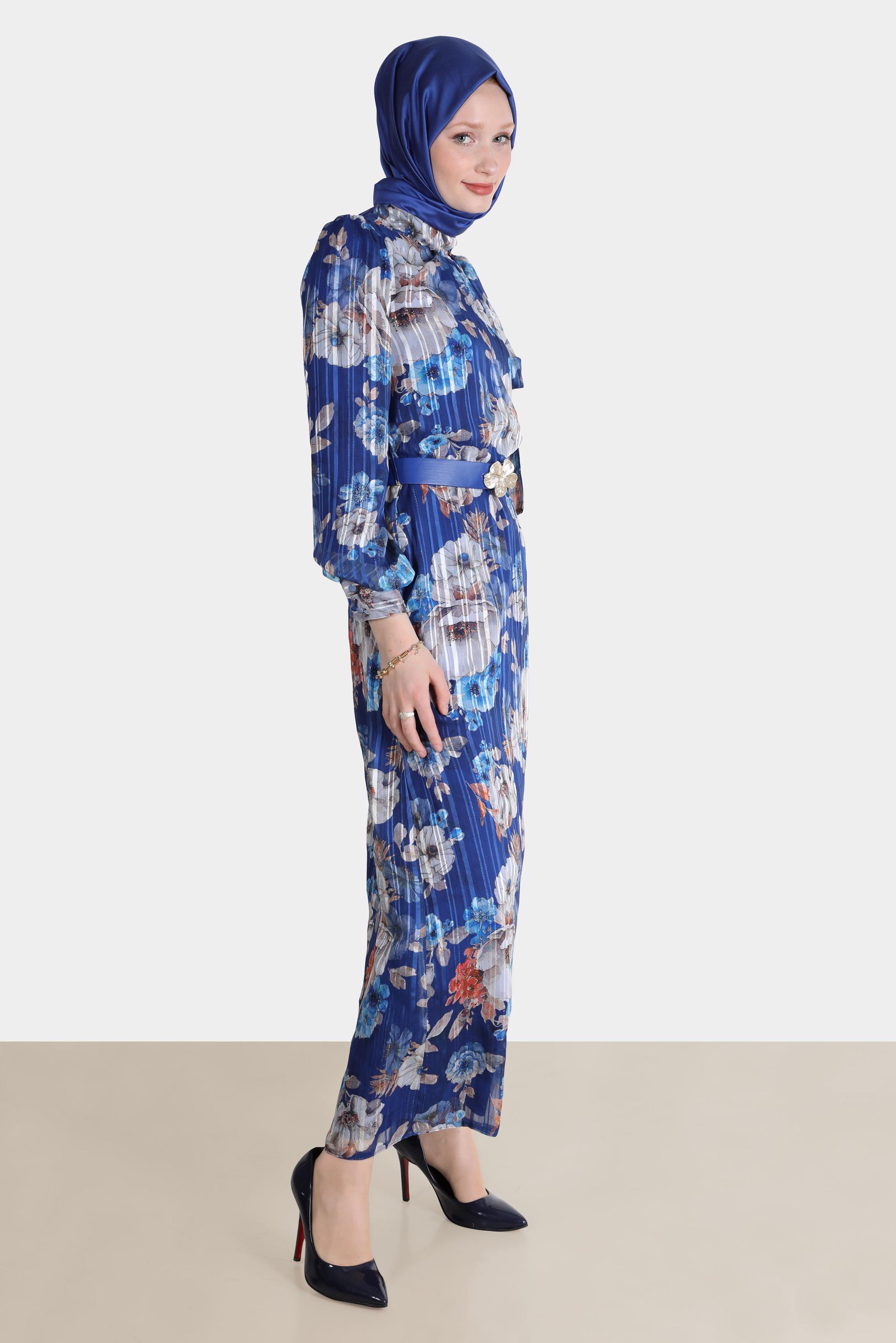 Tesettür giyim LACİVERT FİYONK DETAYLI DESENLİ ŞİFON ELBİSE 42620 