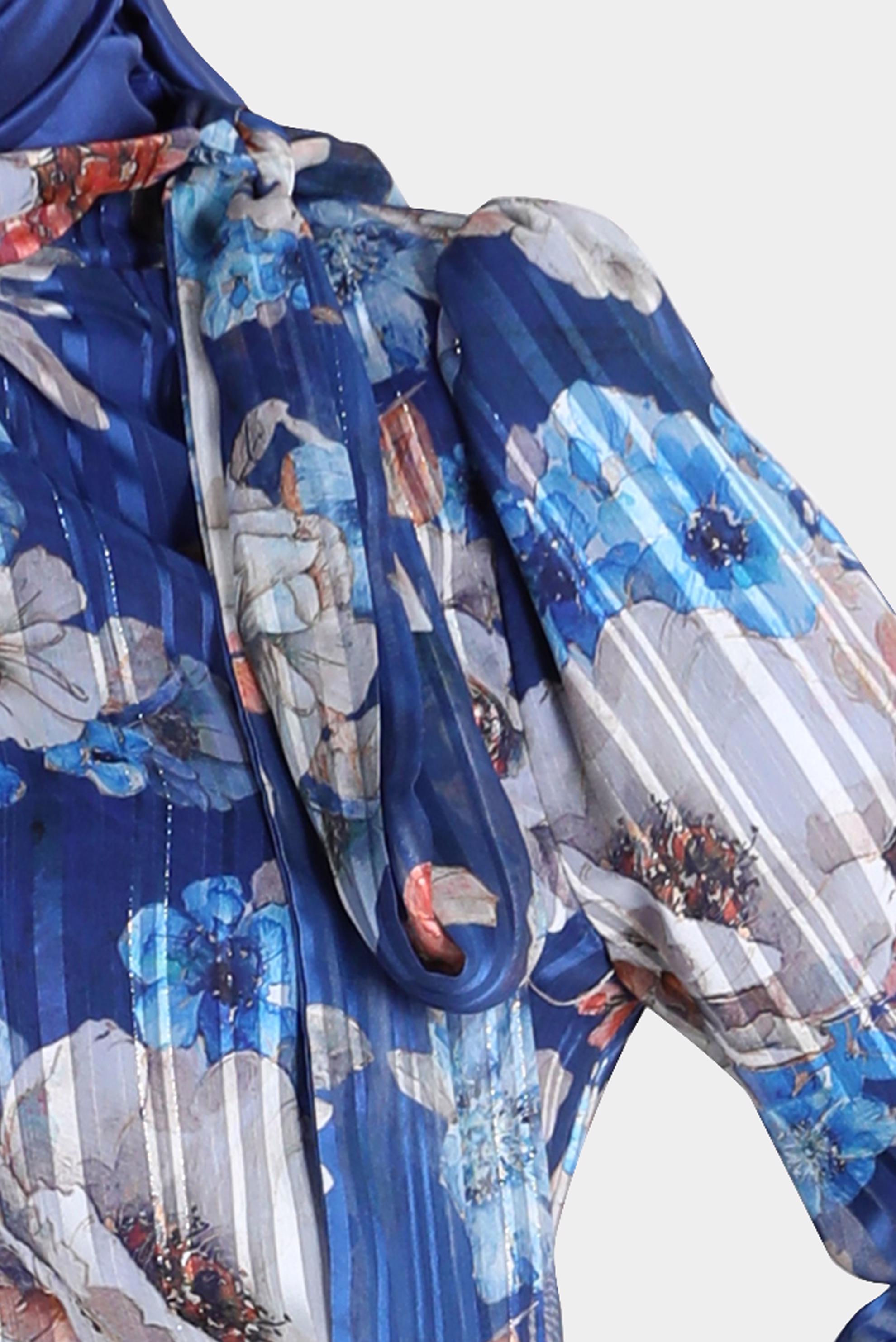 Tesettür giyim LACİVERT FİYONK DETAYLI DESENLİ ŞİFON ELBİSE 42620 