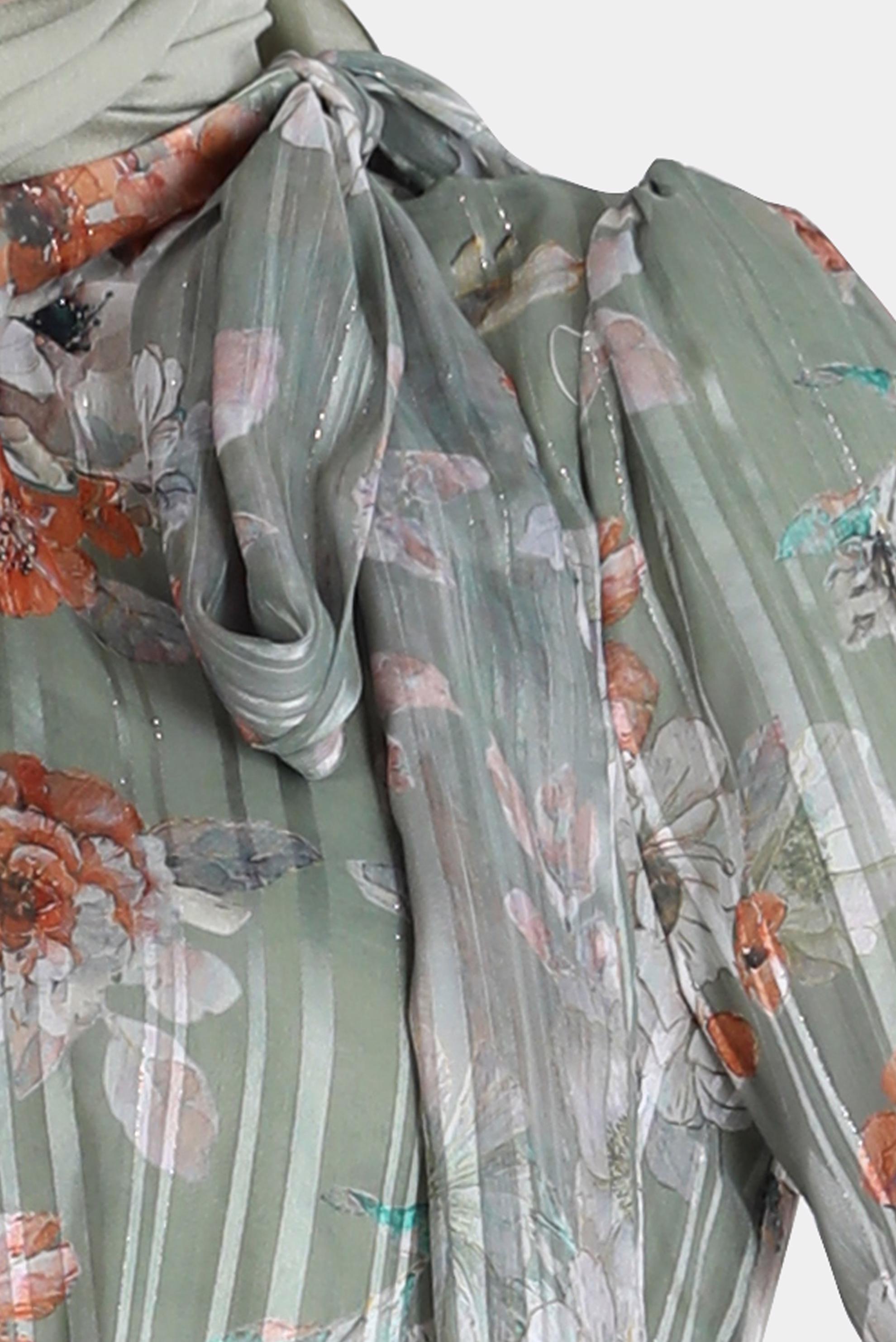 Tesettür giyim YEŞİL FİYONK DETAYLI DESENLİ ŞİFON ELBİSE 42620 