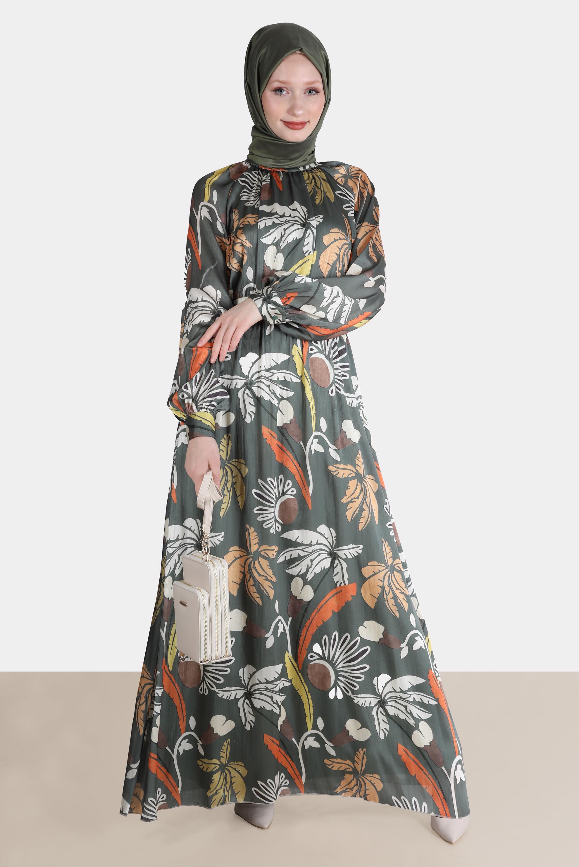 Tesettür giyim HAKİ BAĞLAMA DETAYLI DESENLİ ELBİSE 42621