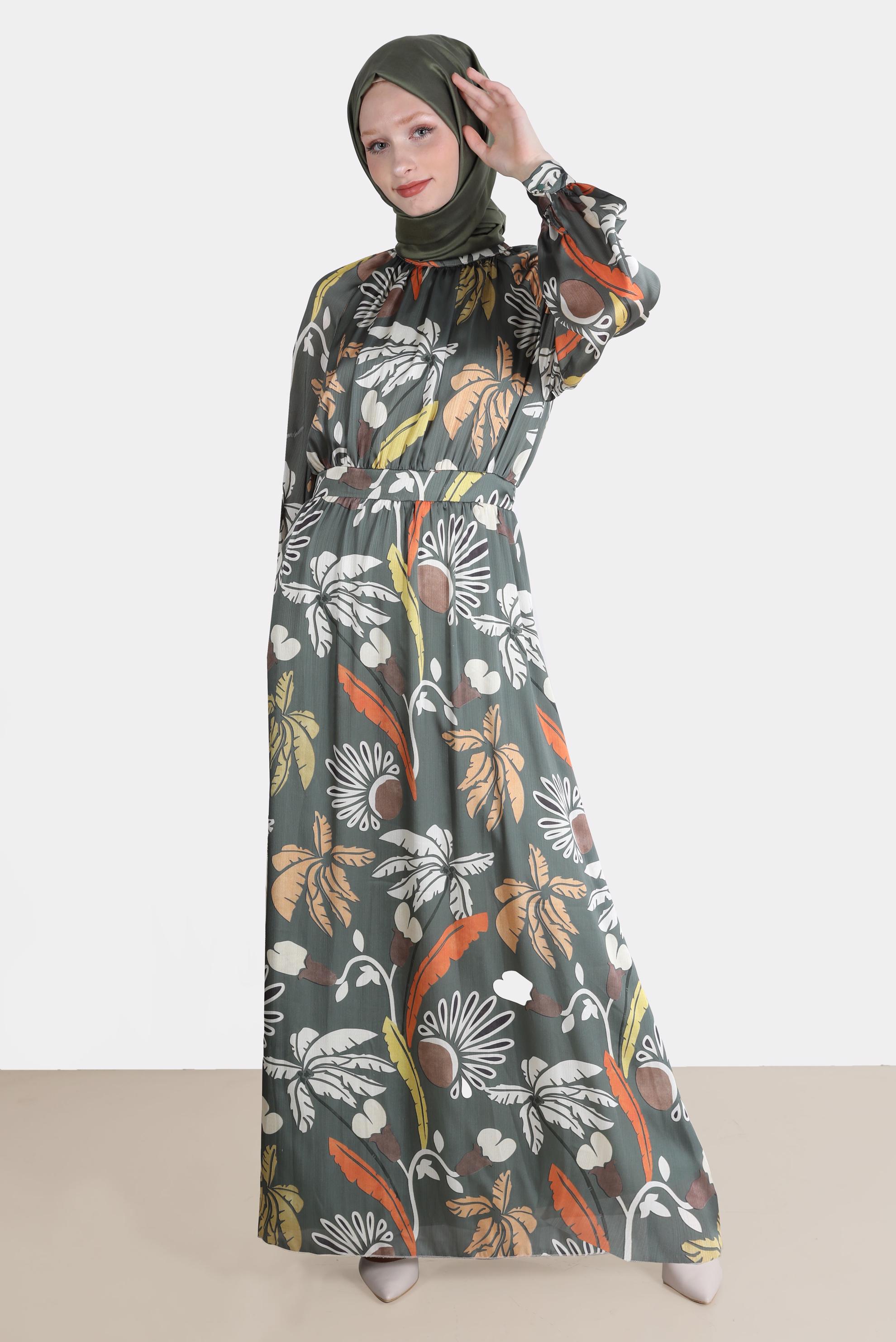 Tesettür giyim HAKİ BAĞLAMA DETAYLI DESENLİ ELBİSE 42621