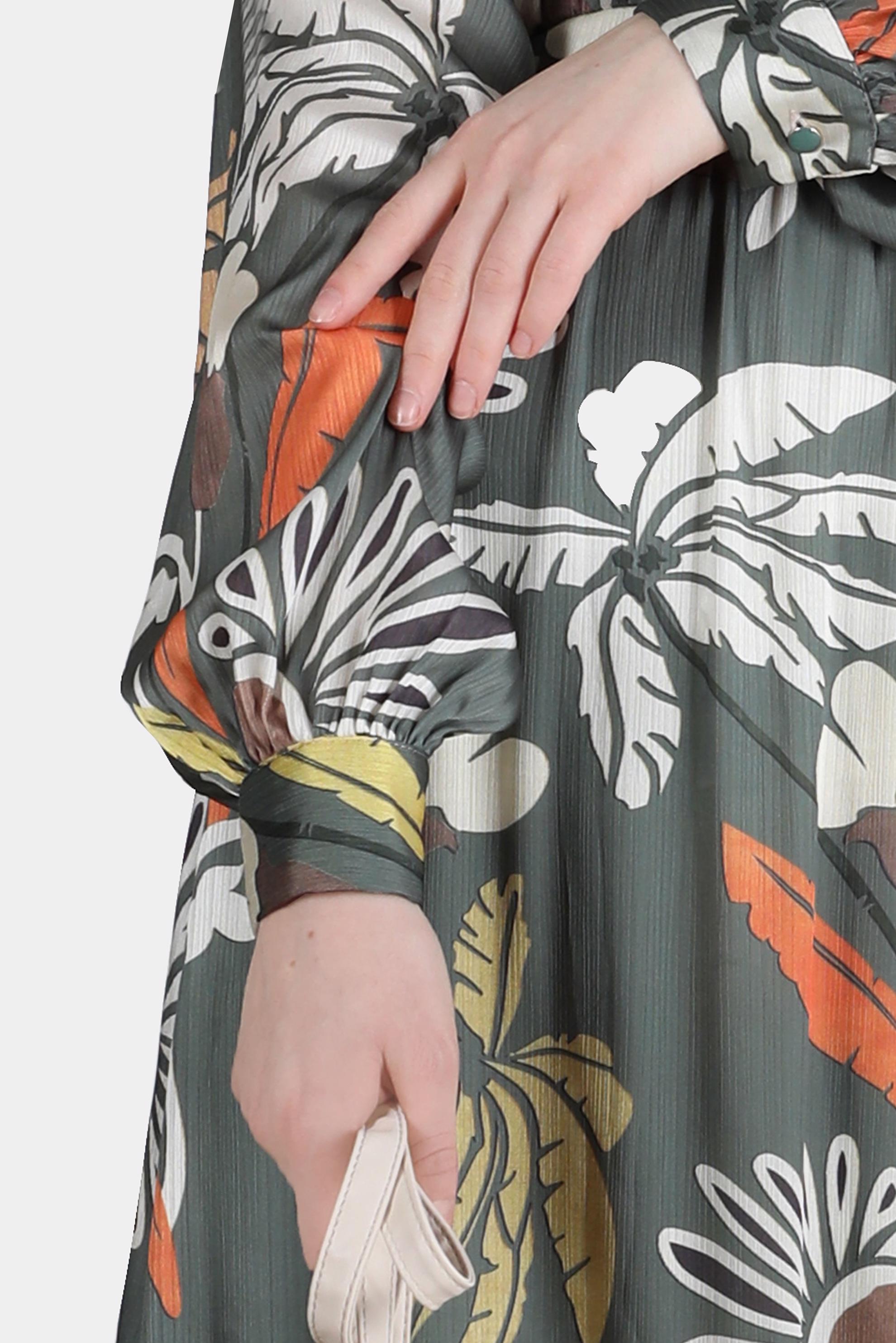 Tesettür giyim HAKİ BAĞLAMA DETAYLI DESENLİ ELBİSE 42621