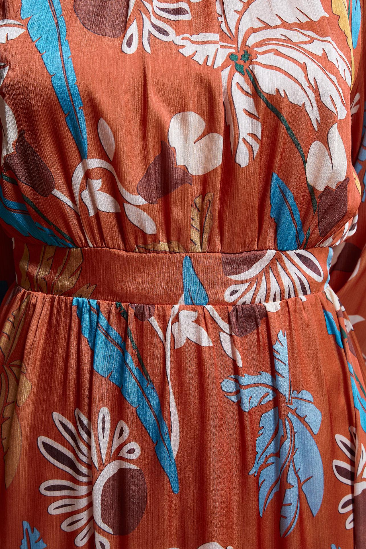 Tesettür giyim TURUNCU BAĞLAMA DETAYLI DESENLİ ELBİSE 42621