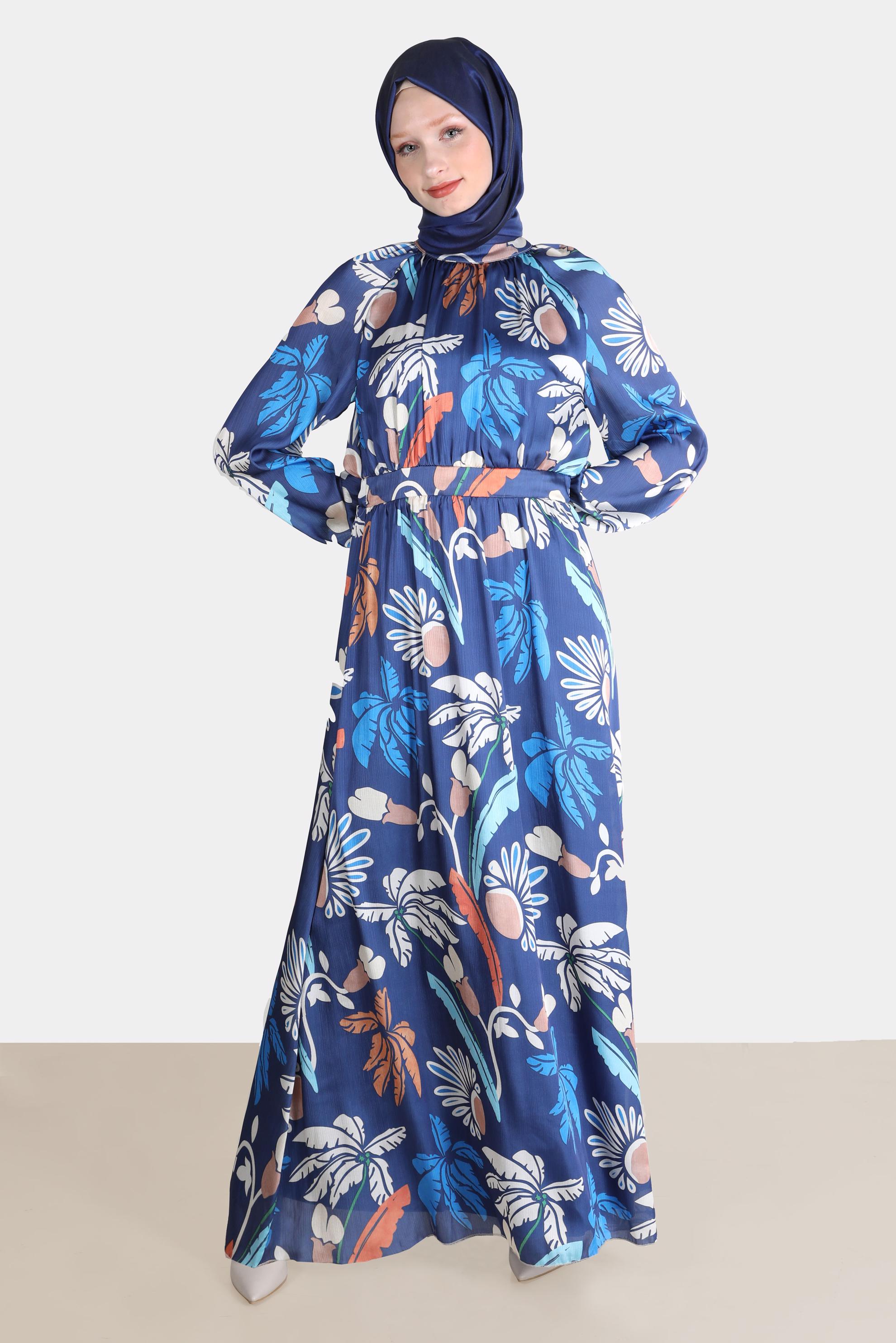 Tesettür giyim LACİVERT BAĞLAMA DETAYLI DESENLİ ELBİSE 42621