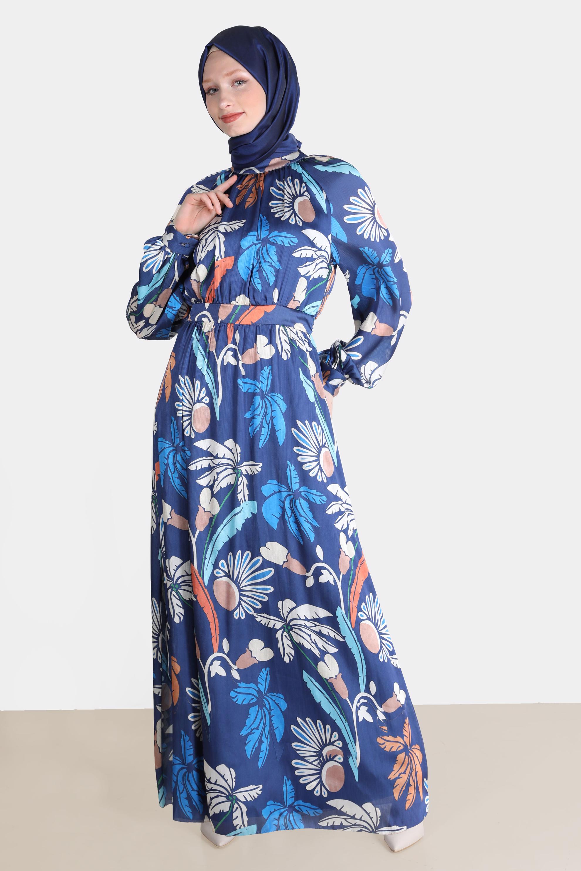 Tesettür giyim LACİVERT BAĞLAMA DETAYLI DESENLİ ELBİSE 42621