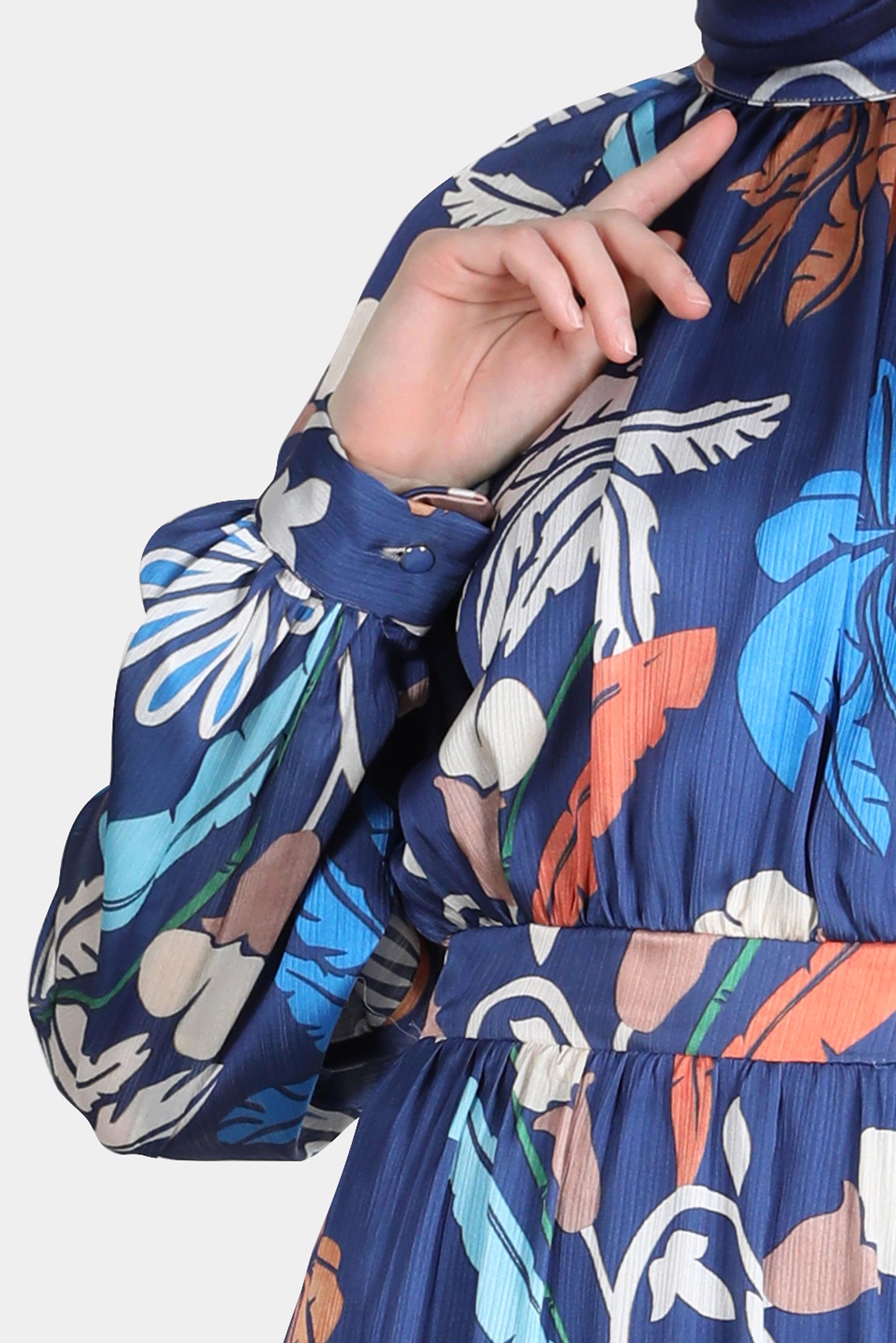 Tesettür giyim LACİVERT BAĞLAMA DETAYLI DESENLİ ELBİSE 42621