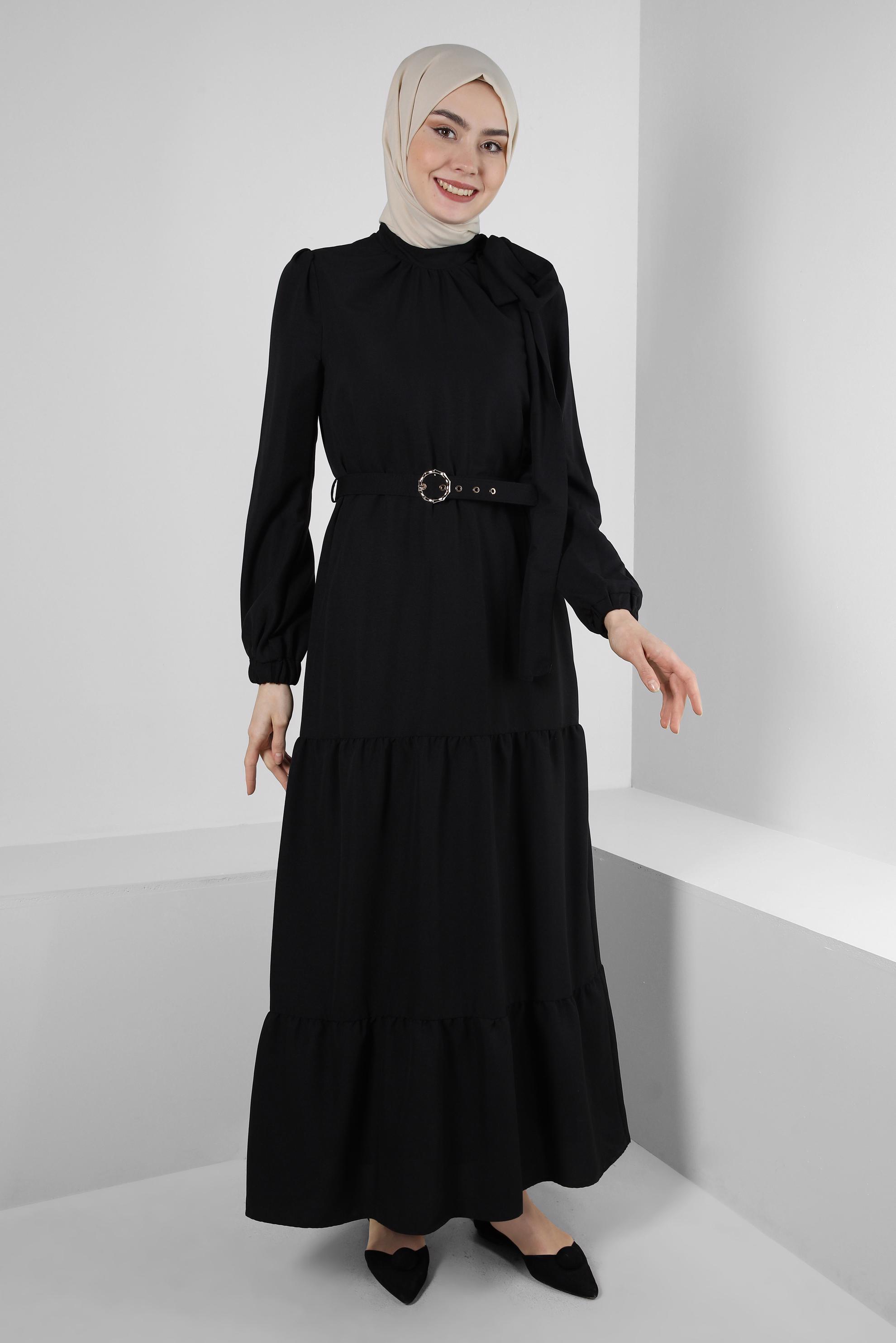 Tesettür giyim SİYAH BAĞLAMA DETAYLI KEMERLİ ELBİSE 42622 