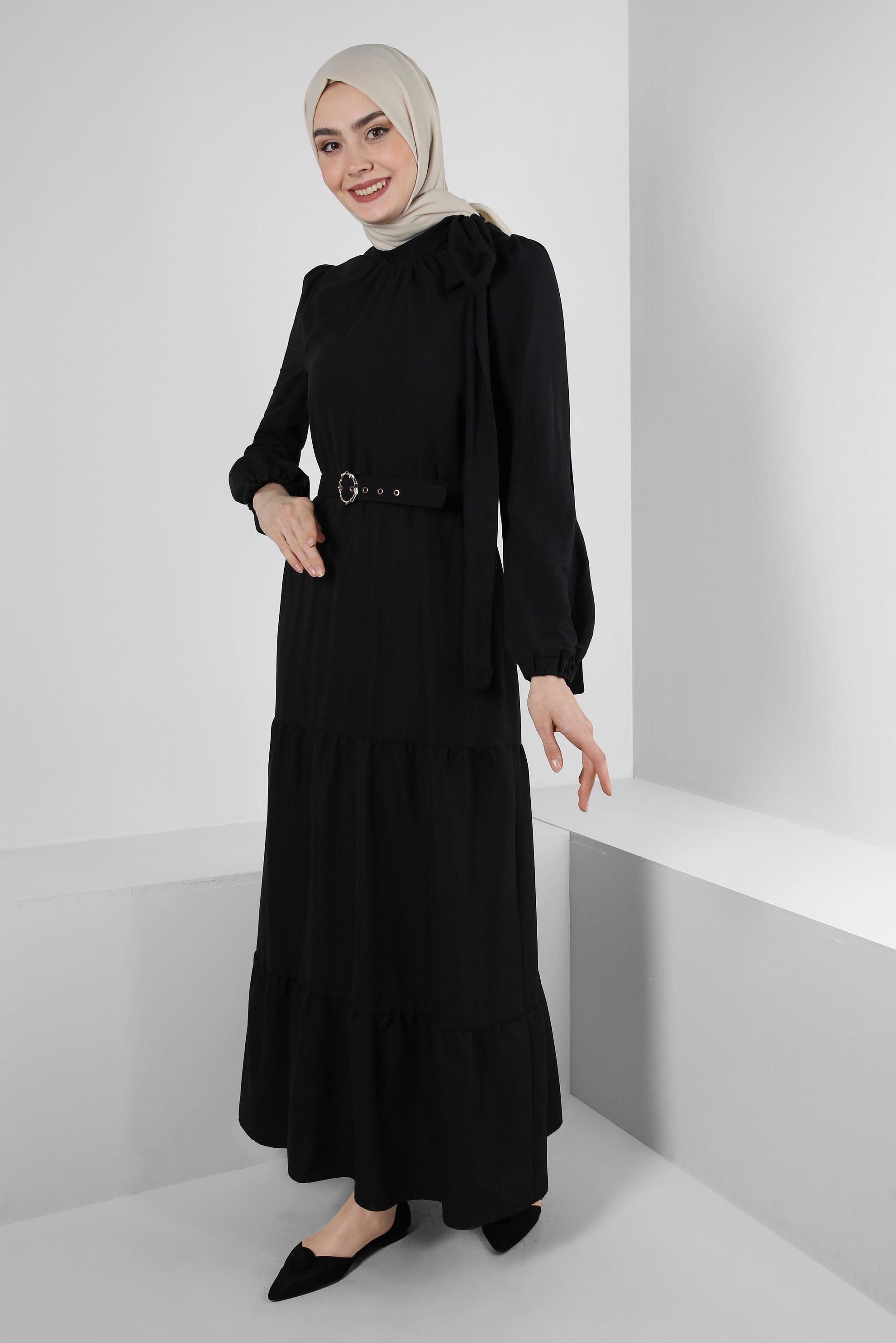 Tesettür giyim SİYAH BAĞLAMA DETAYLI KEMERLİ ELBİSE 42622 