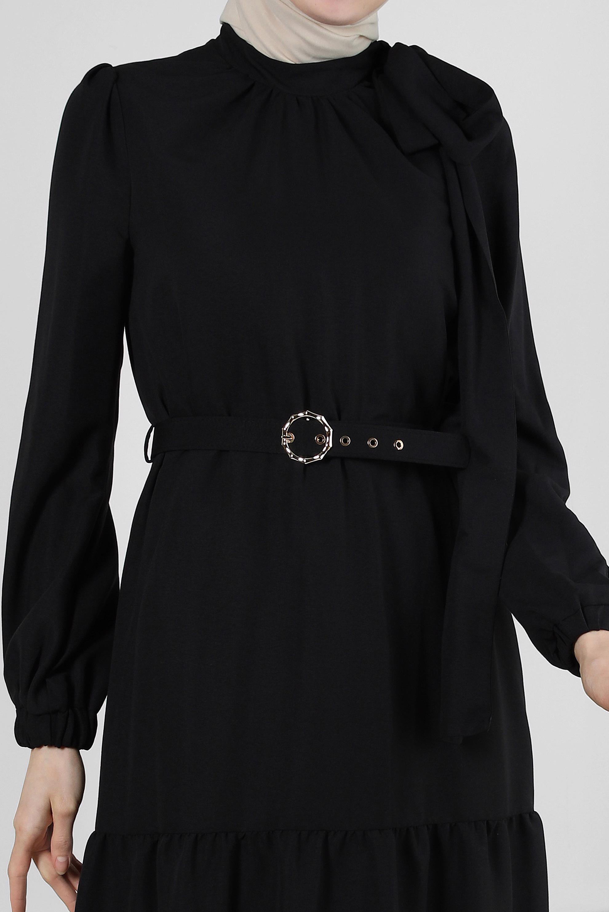 Tesettür giyim SİYAH BAĞLAMA DETAYLI KEMERLİ ELBİSE 42622 