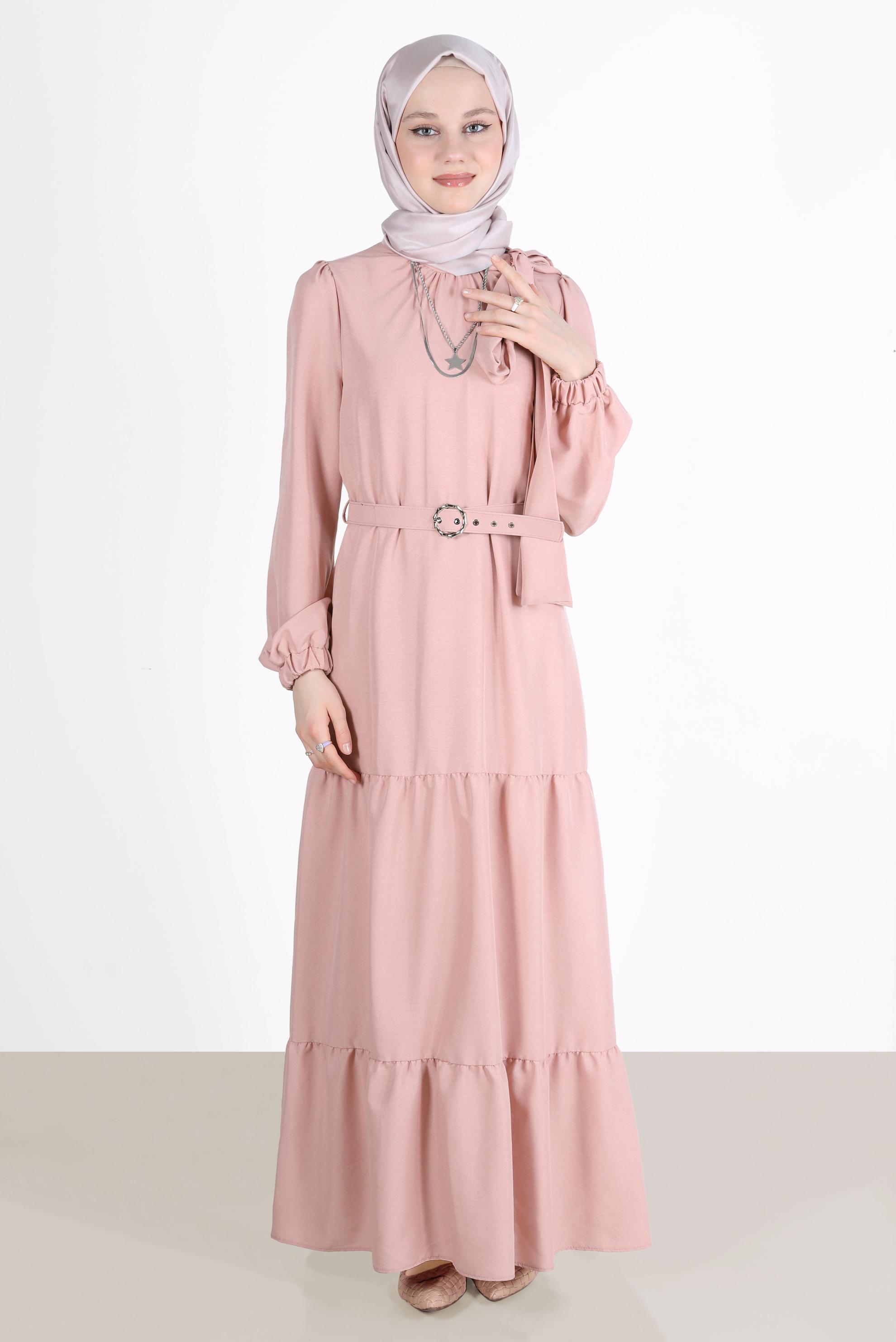 Tesettür giyim PUDRA BAĞLAMA DETAYLI KEMERLİ ELBİSE 42622 