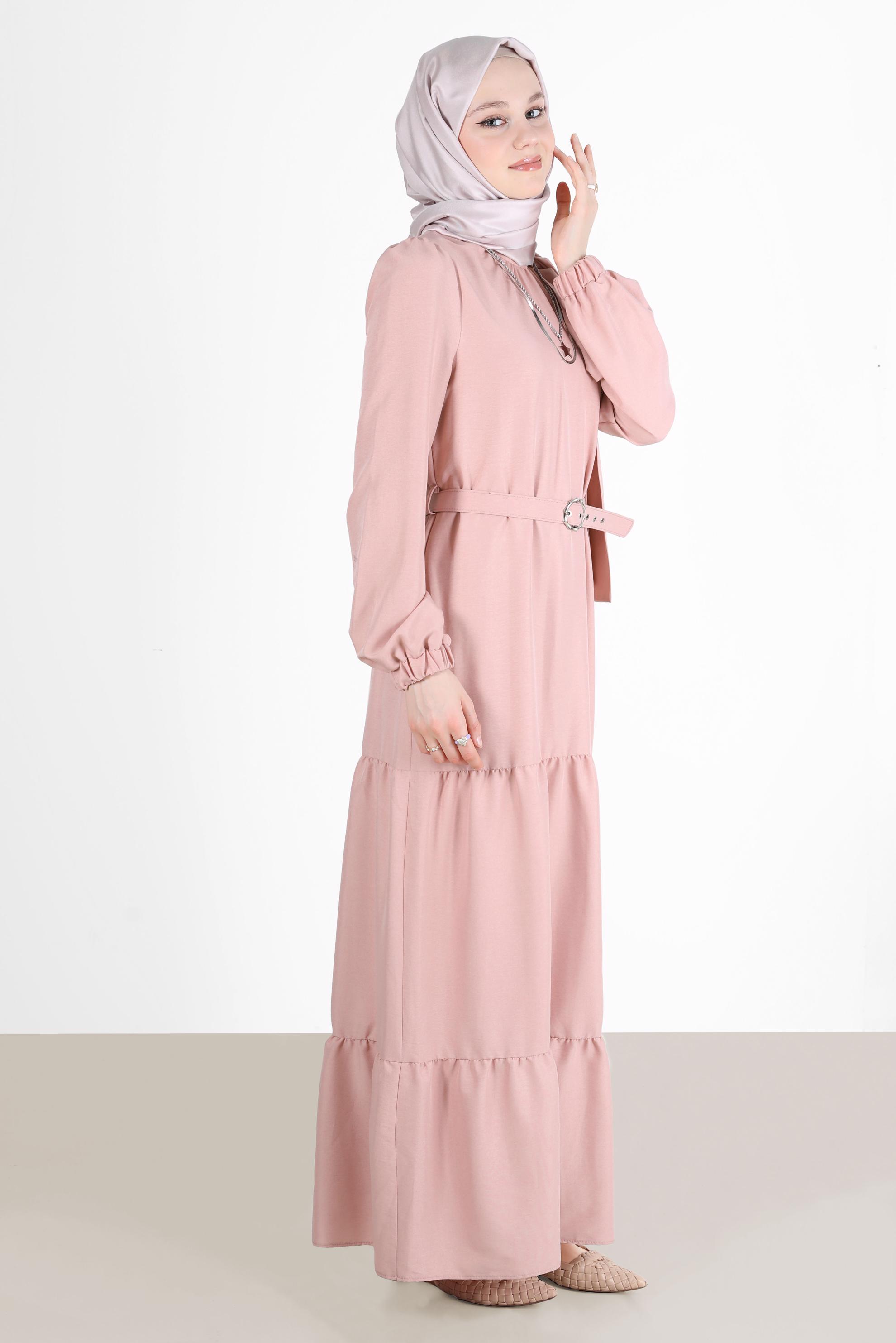 Tesettür giyim PUDRA BAĞLAMA DETAYLI KEMERLİ ELBİSE 42622 