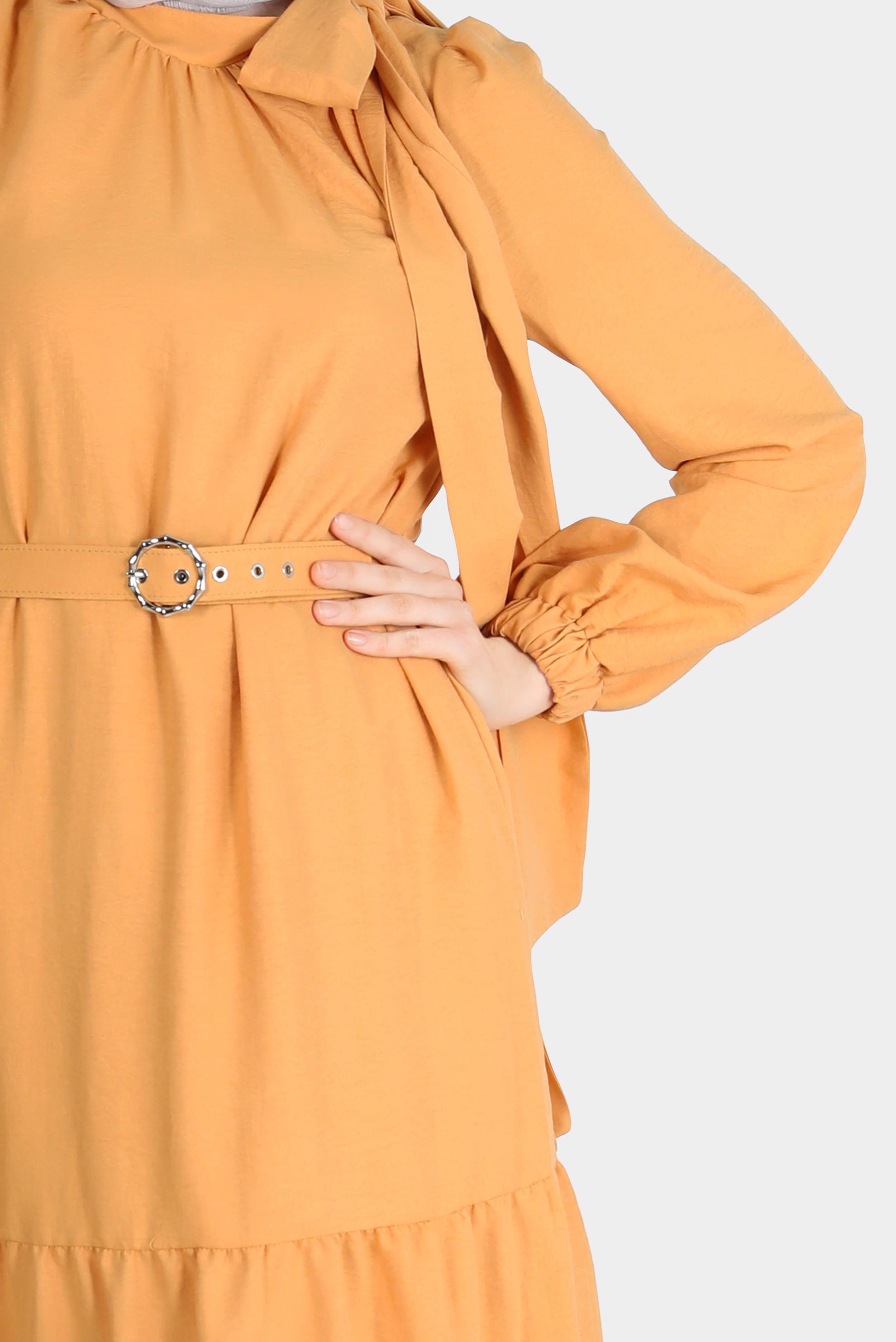 Tesettür giyim SARI BAĞLAMA DETAYLI KEMERLİ ELBİSE 42622 