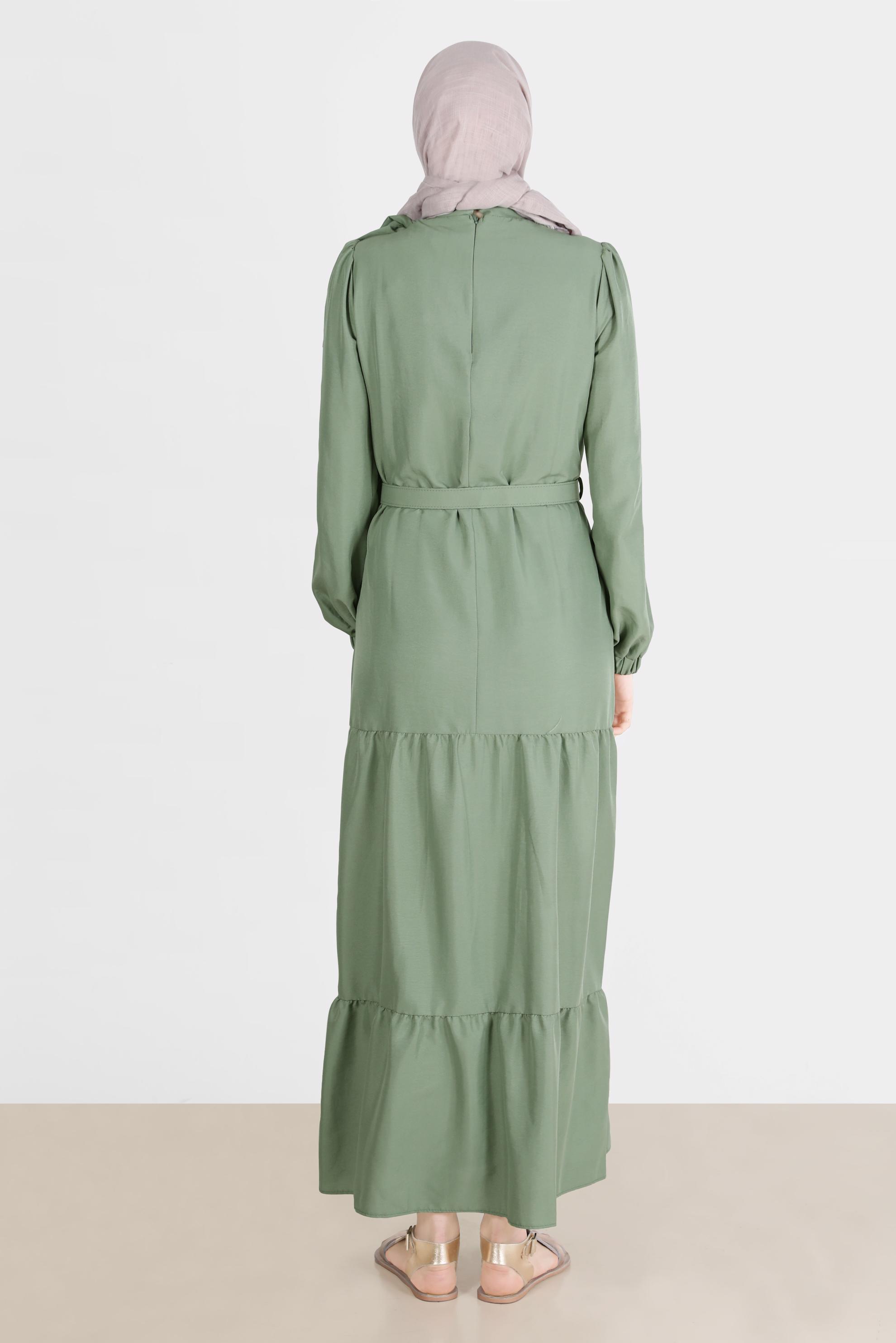 Tesettür giyim YEŞİL BAĞLAMA DETAYLI KEMERLİ ELBİSE 42622 