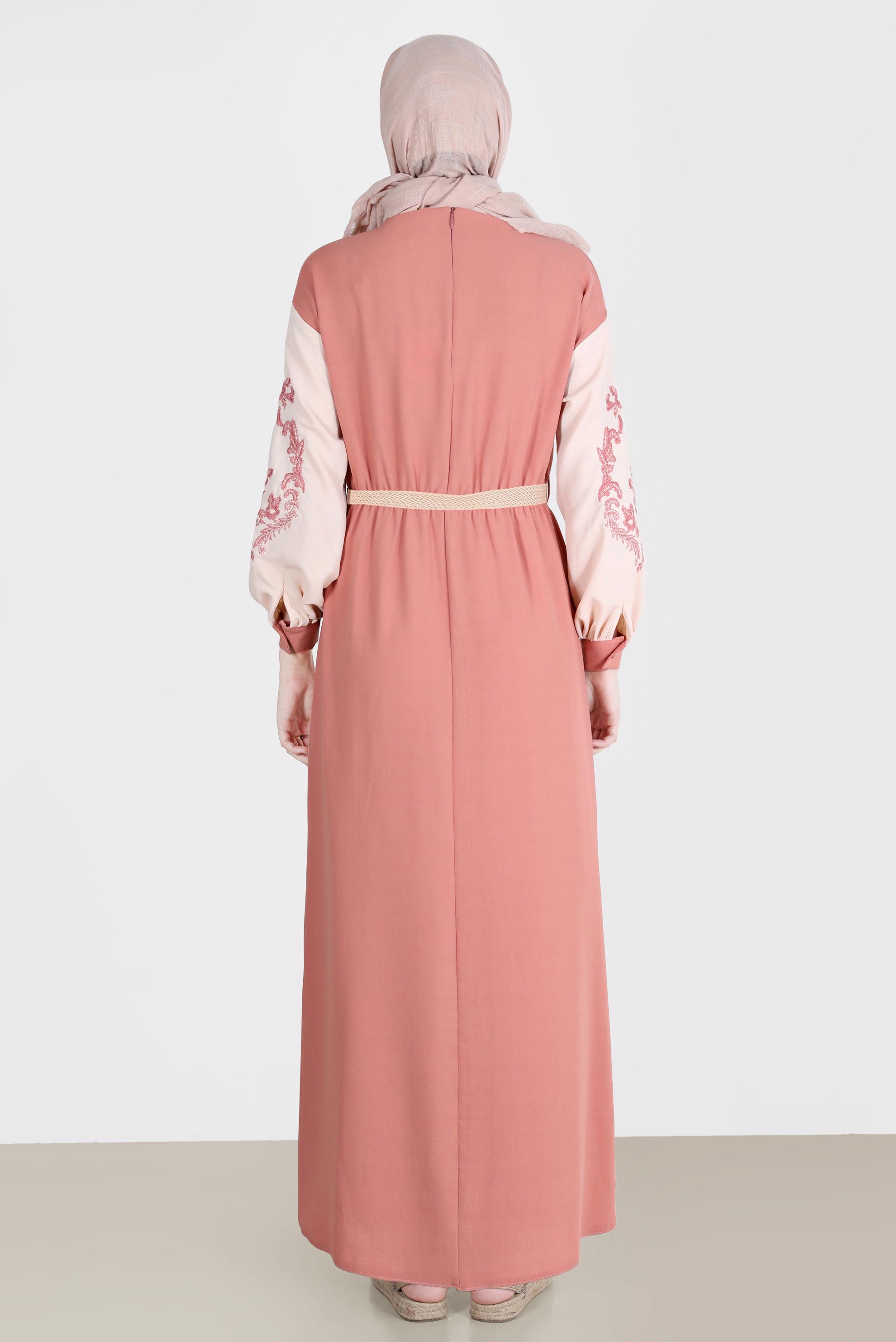 Tesettür giyim PUDRA KOLLARI NAKIŞLI ELBİSE 42623