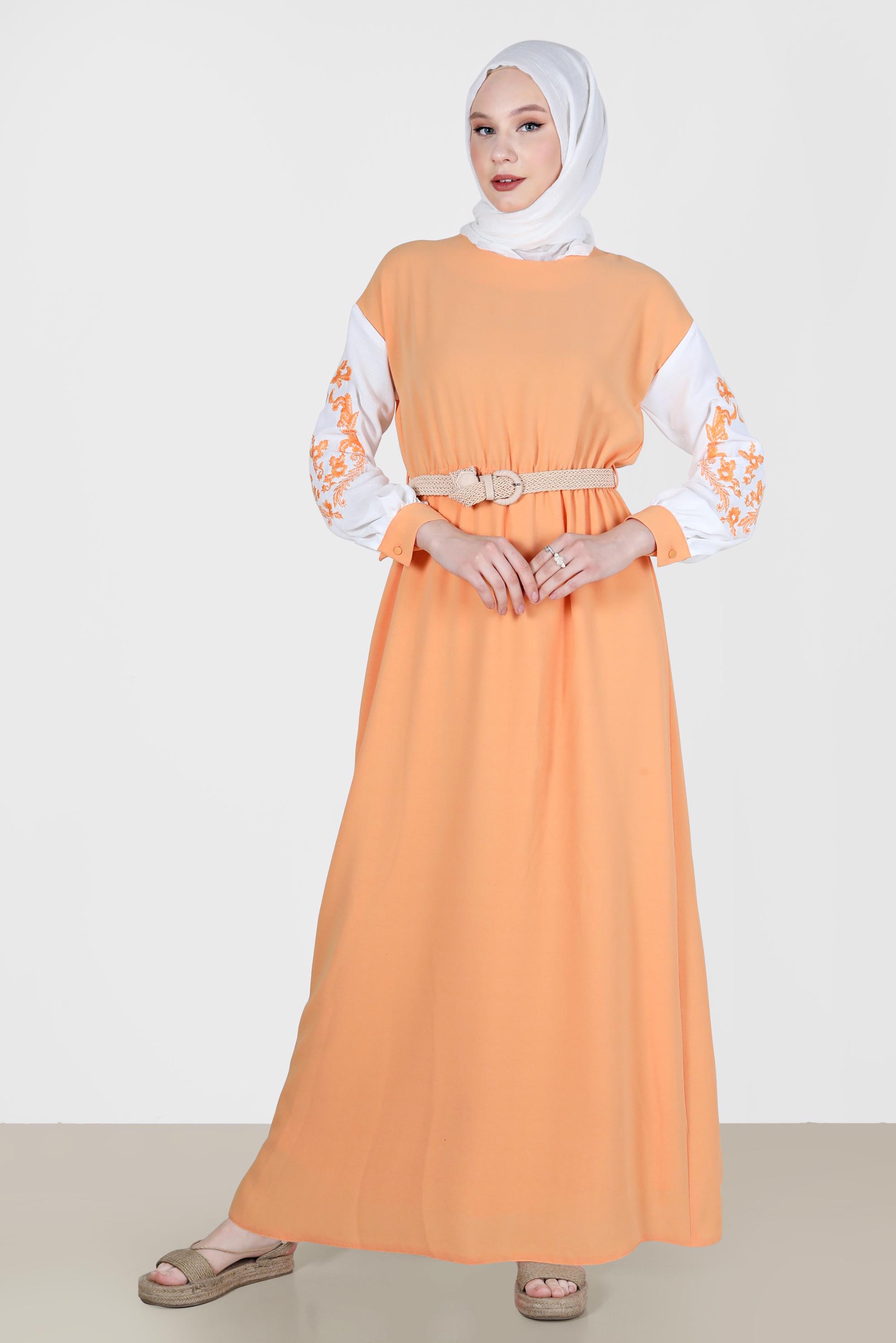 Tesettür giyim TURUNCU KOLLARI NAKIŞLI ELBİSE 42623