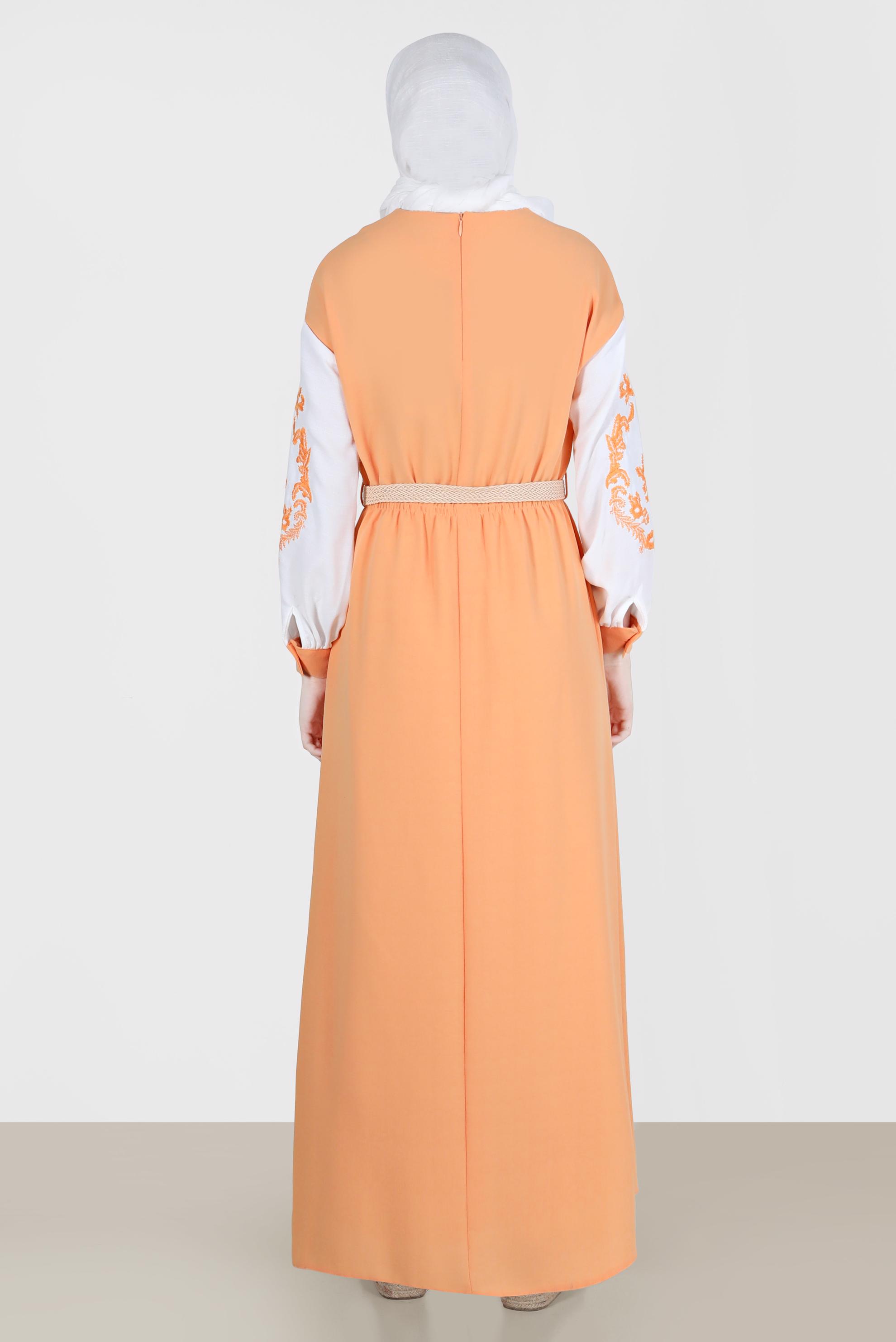 Tesettür giyim TURUNCU KOLLARI NAKIŞLI ELBİSE 42623