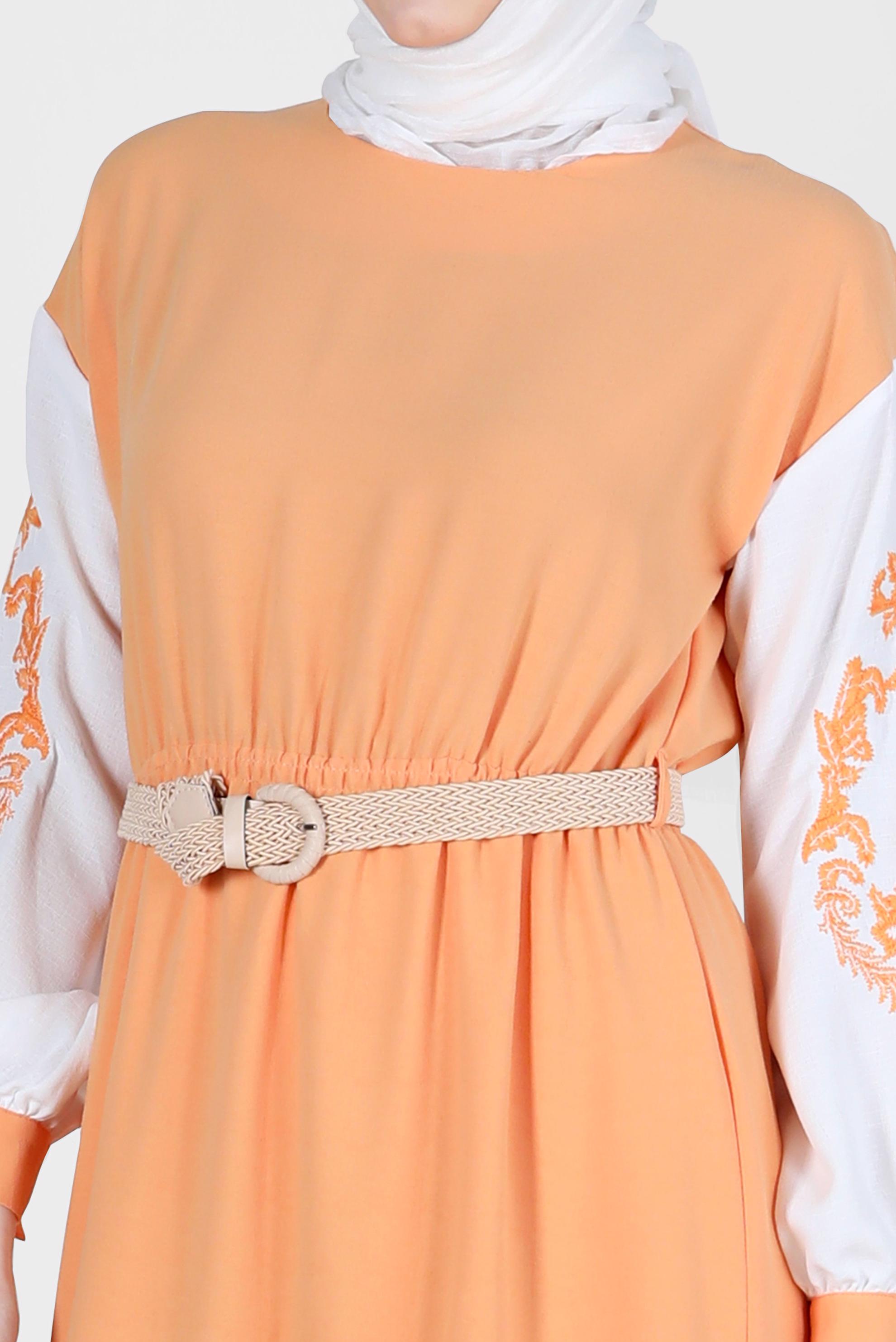 Tesettür giyim TURUNCU KOLLARI NAKIŞLI ELBİSE 42623