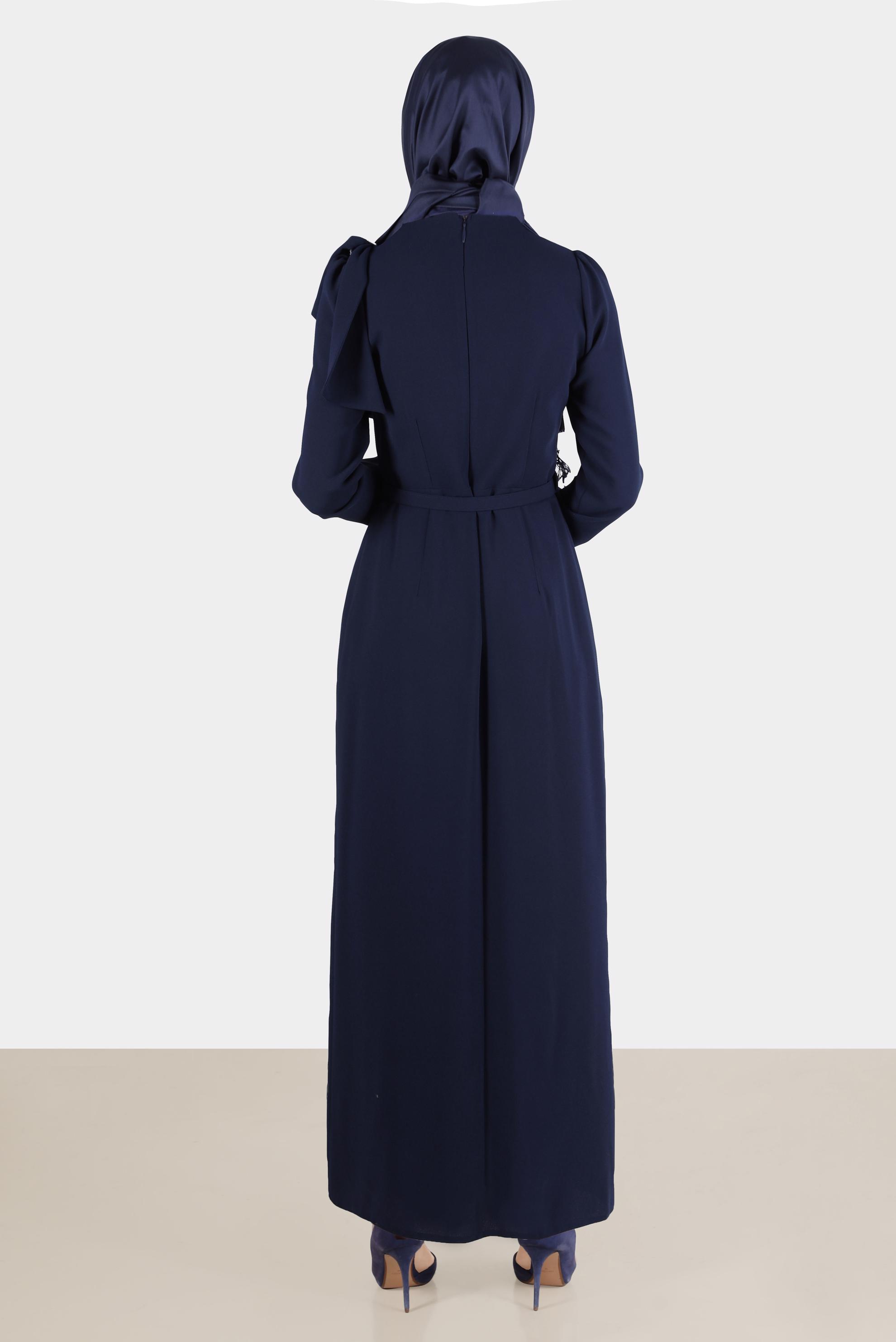 Tesettür giyim LACİVERT KURDELE DETAYLI KEMERLİ KREP ELBİSE 42624 