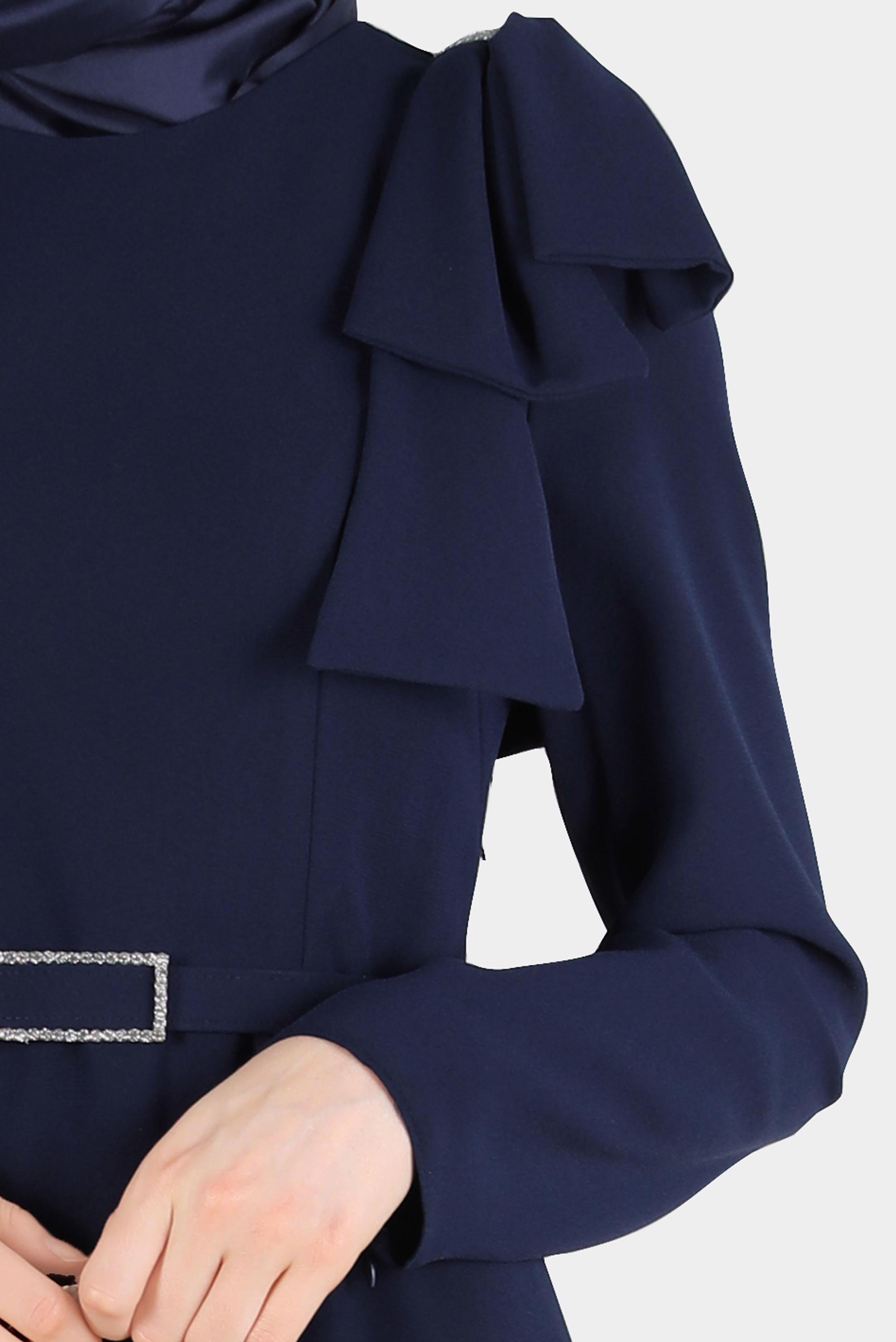 Tesettür giyim LACİVERT KURDELE DETAYLI KEMERLİ KREP ELBİSE 42624 