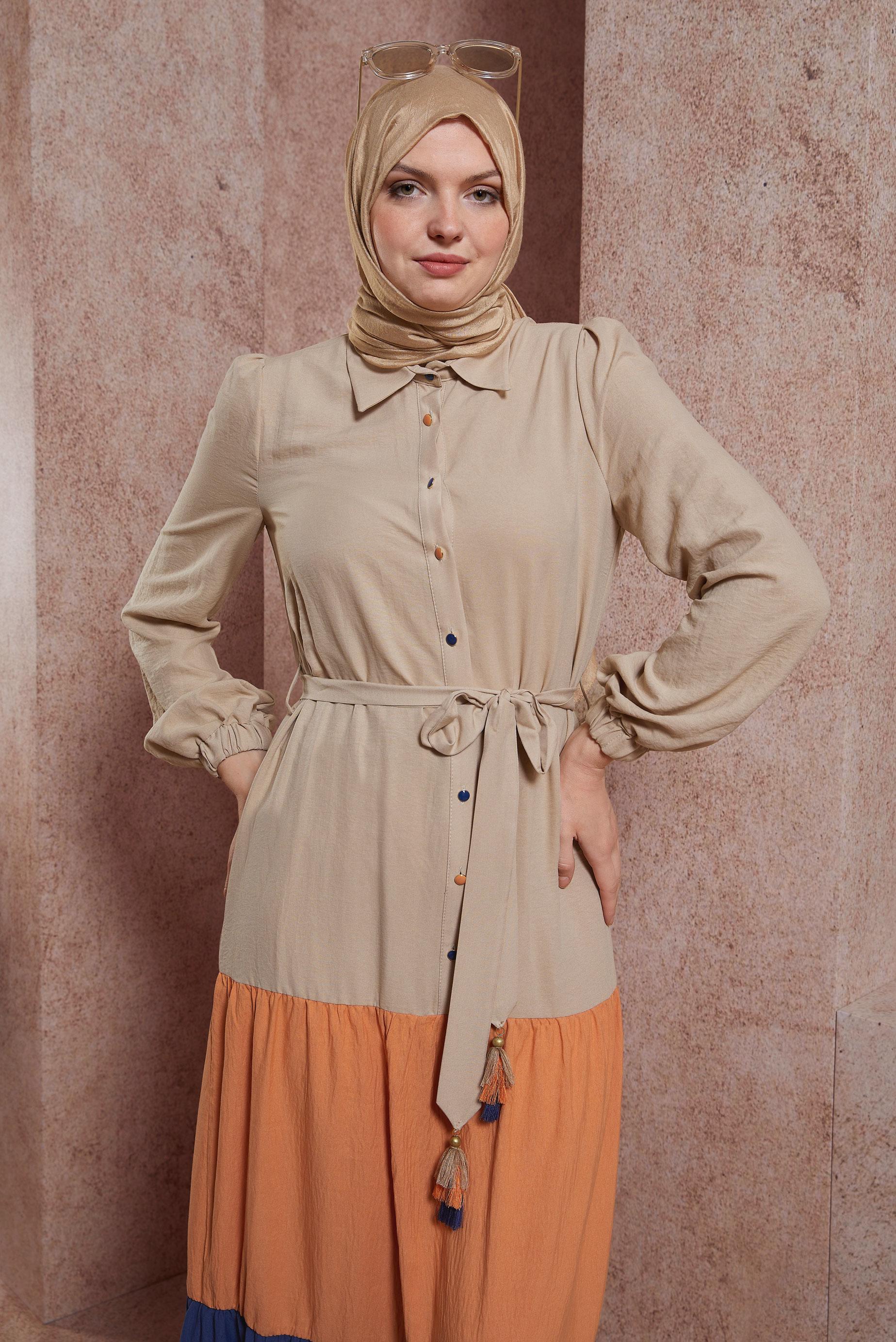 Tesettür giyim TURUNCU ÇOK RENKLİ BELDEN BAĞLAMALI ELBİSE 42625 