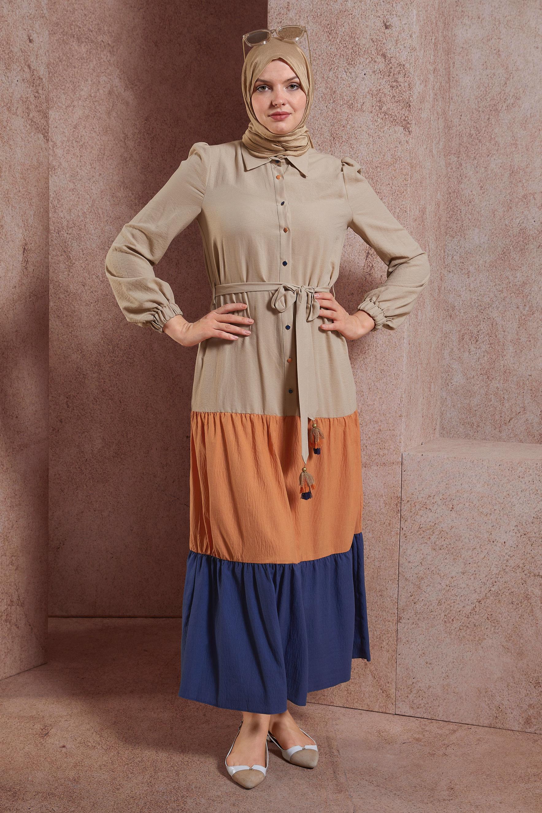 Tesettür giyim TURUNCU ÇOK RENKLİ BELDEN BAĞLAMALI ELBİSE 42625 