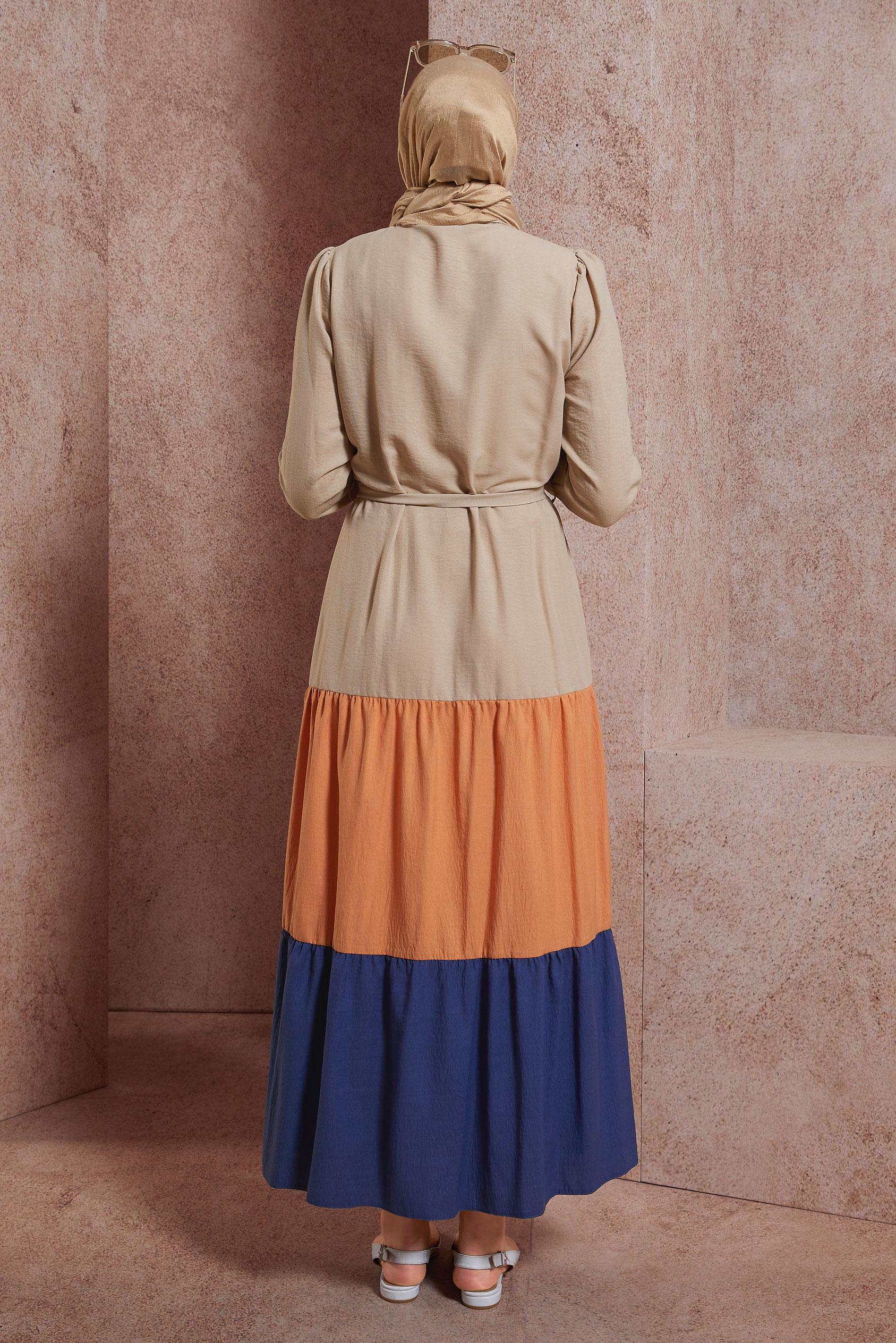 Tesettür giyim TURUNCU ÇOK RENKLİ BELDEN BAĞLAMALI ELBİSE 42625 