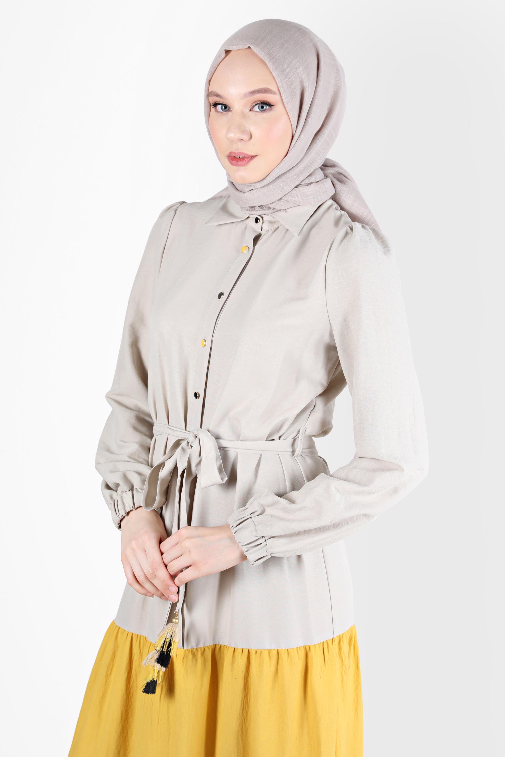 Tesettür giyim SARI ÇOK RENKLİ BELDEN BAĞLAMALI ELBİSE 42625 