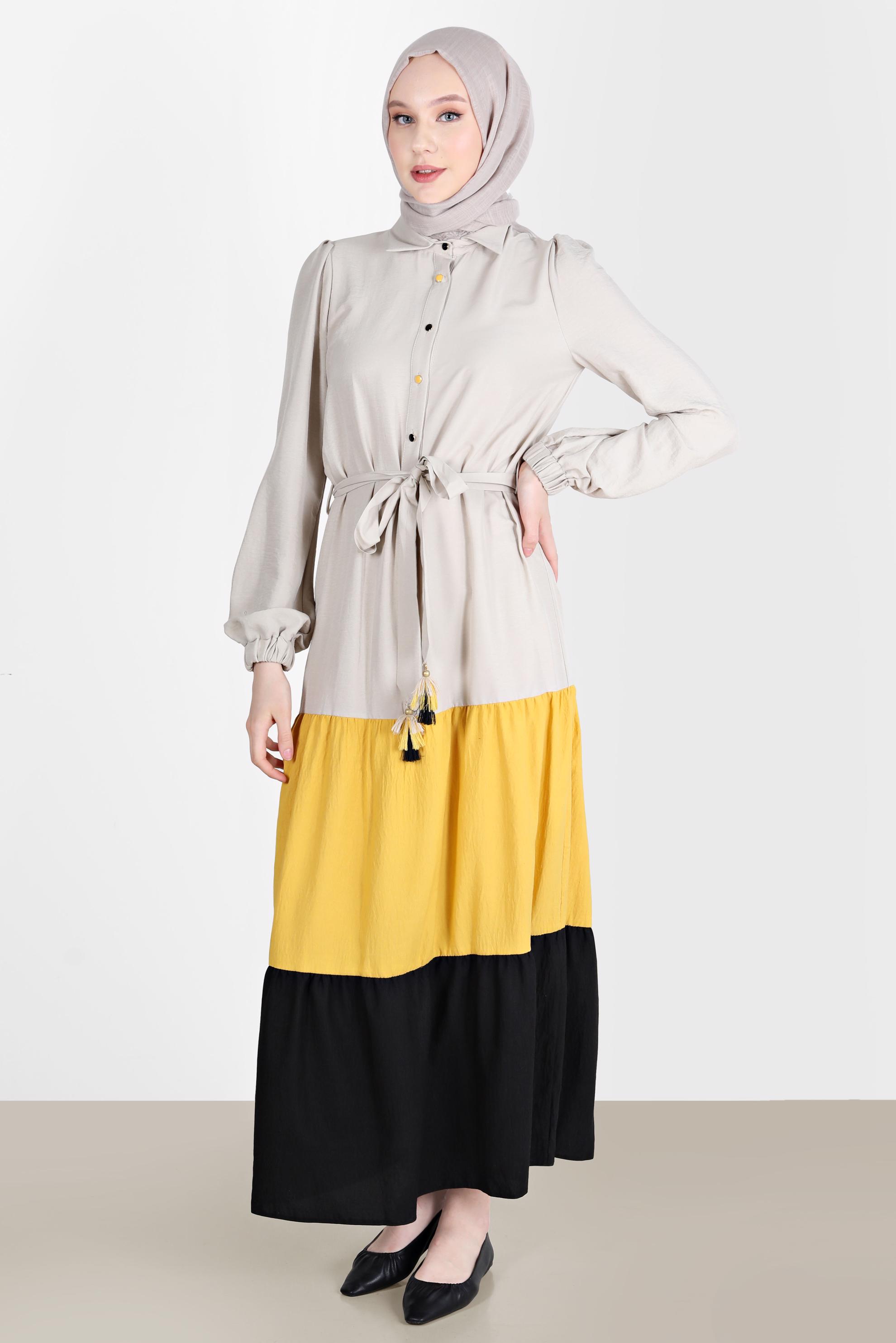 Tesettür giyim SARI ÇOK RENKLİ BELDEN BAĞLAMALI ELBİSE 42625 