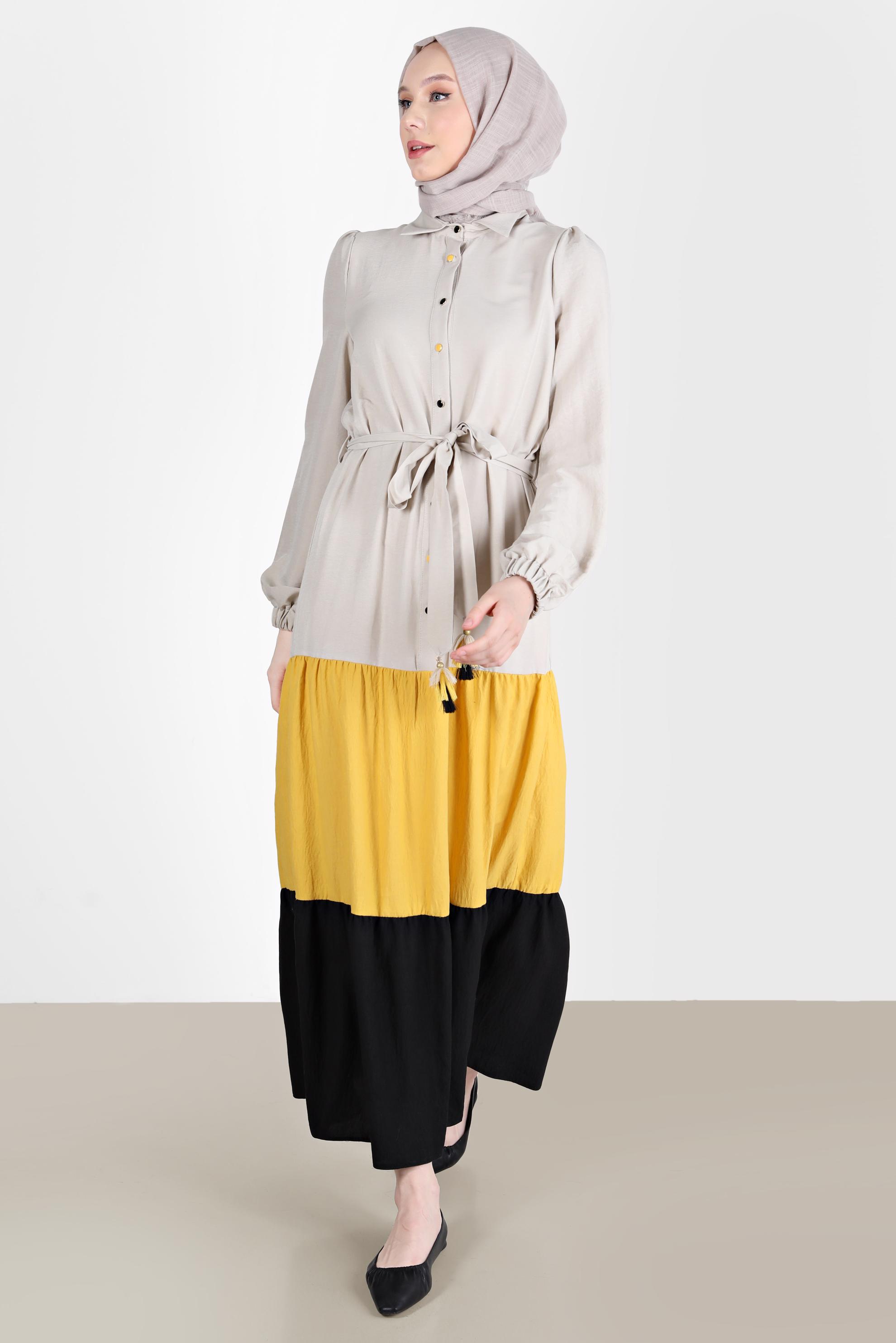 Tesettür giyim SARI ÇOK RENKLİ BELDEN BAĞLAMALI ELBİSE 42625 