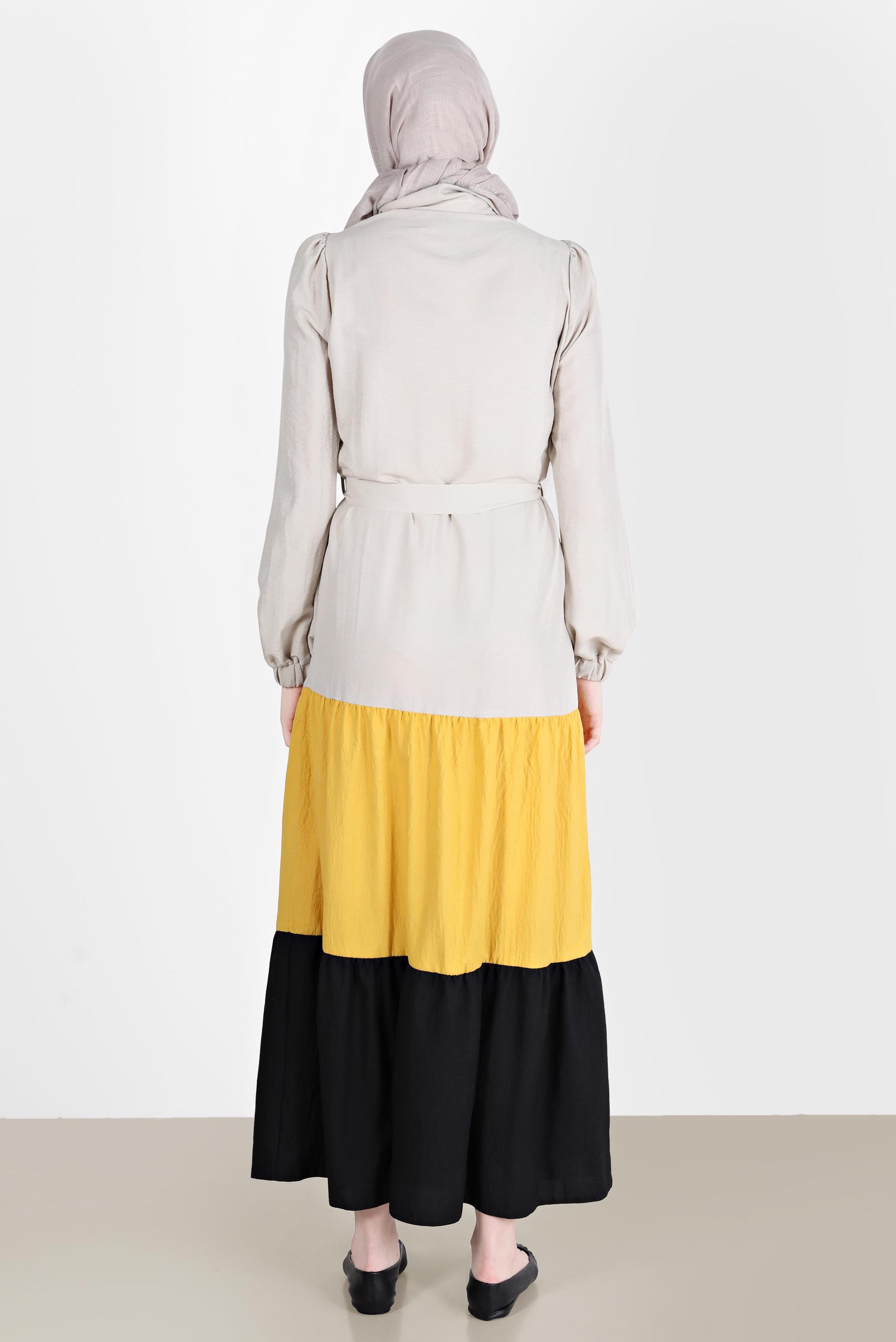 Tesettür giyim SARI ÇOK RENKLİ BELDEN BAĞLAMALI ELBİSE 42625 