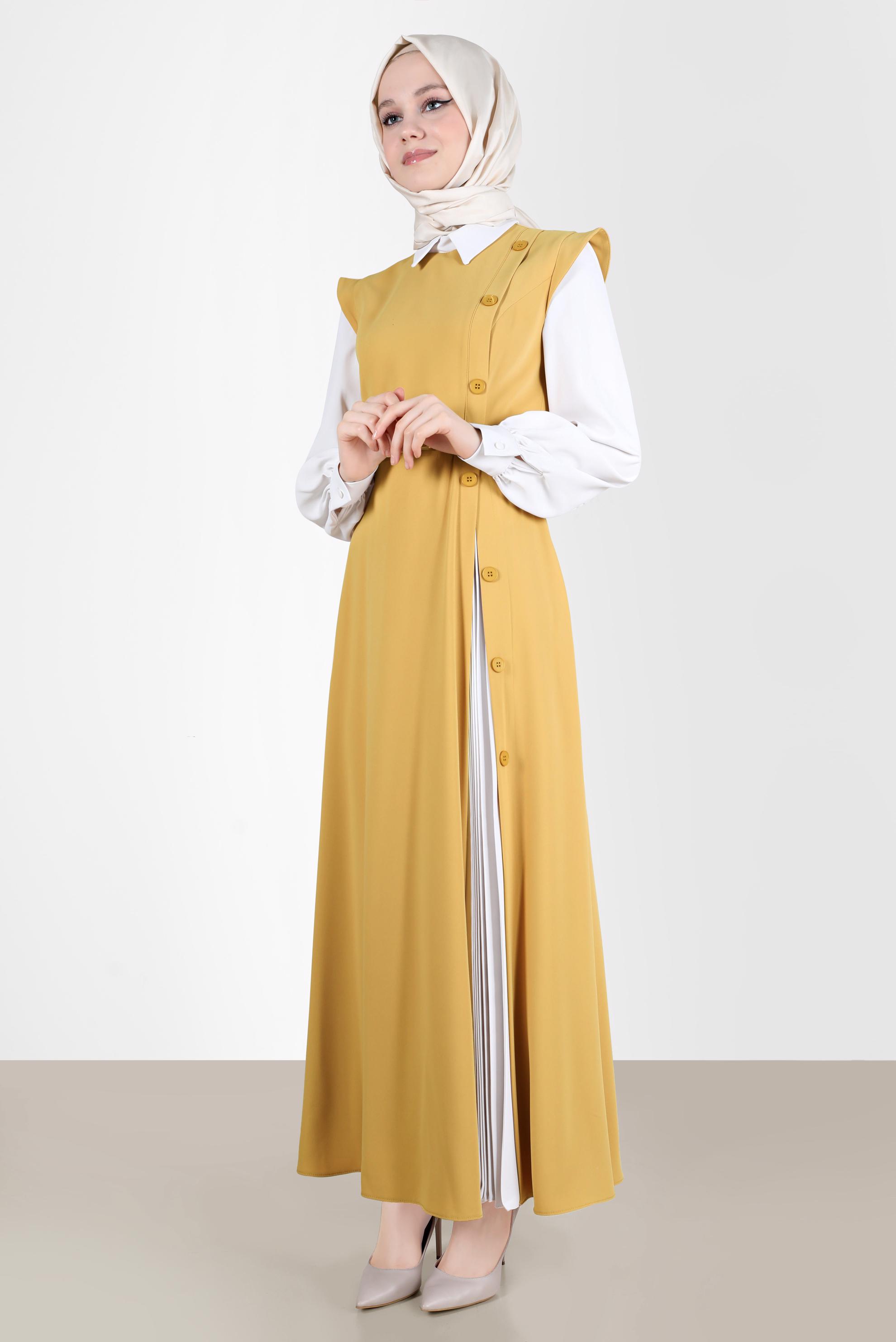 Tesettür giyim SARI DÜĞME DETAYLI ELBİSE 42626 