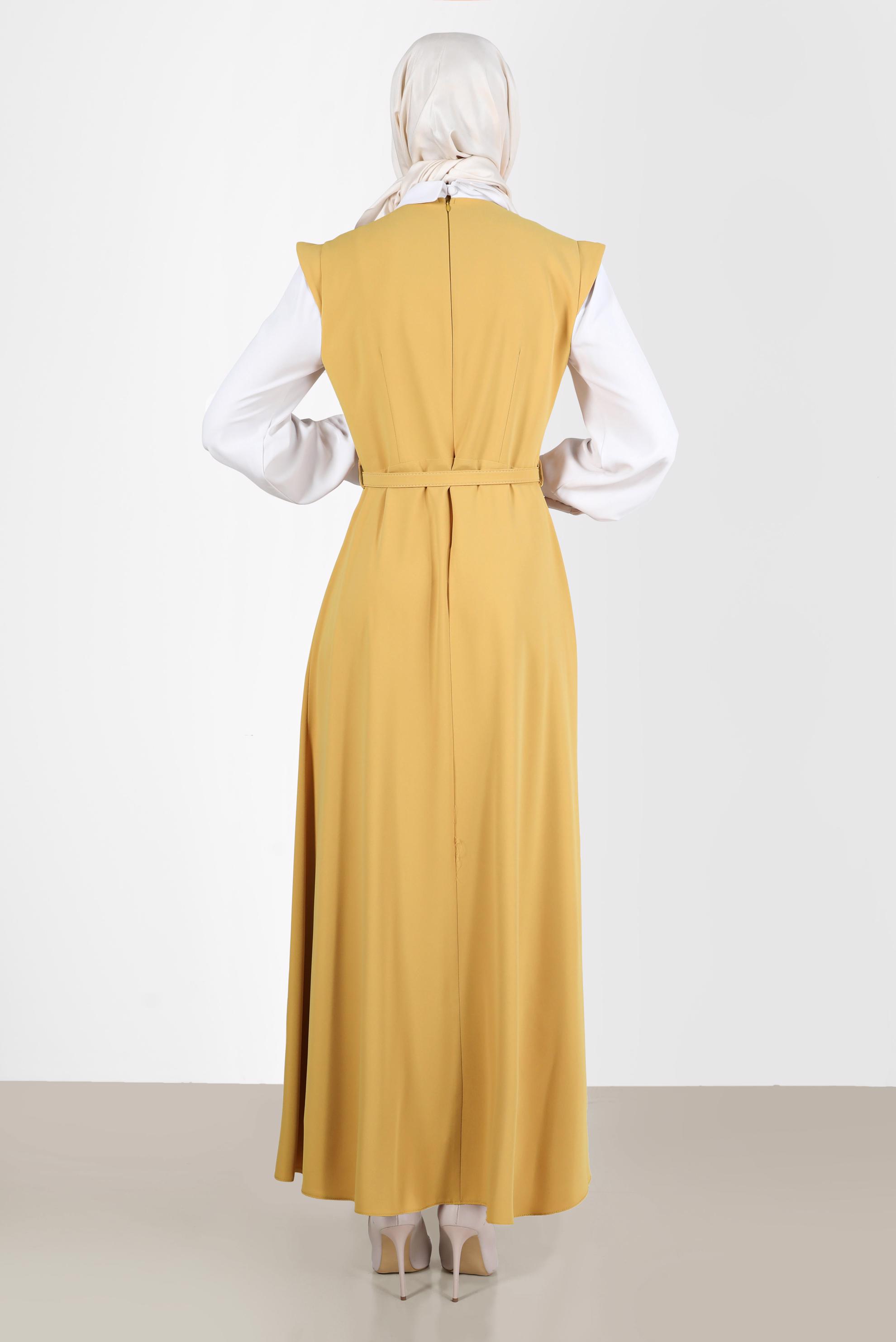 Tesettür giyim SARI DÜĞME DETAYLI ELBİSE 42626 