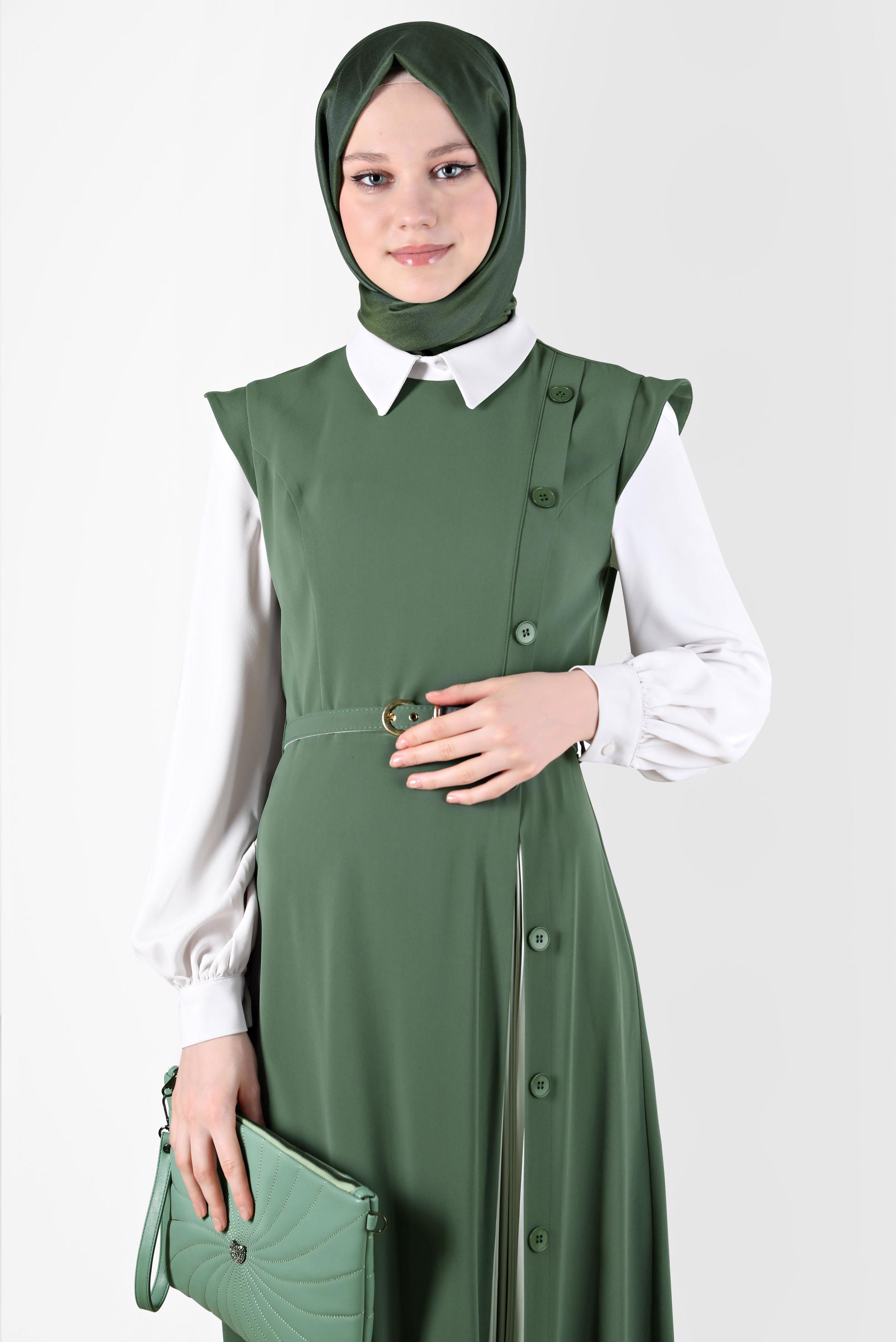 Tesettür giyim HAKİ DÜĞME DETAYLI ELBİSE 42626 