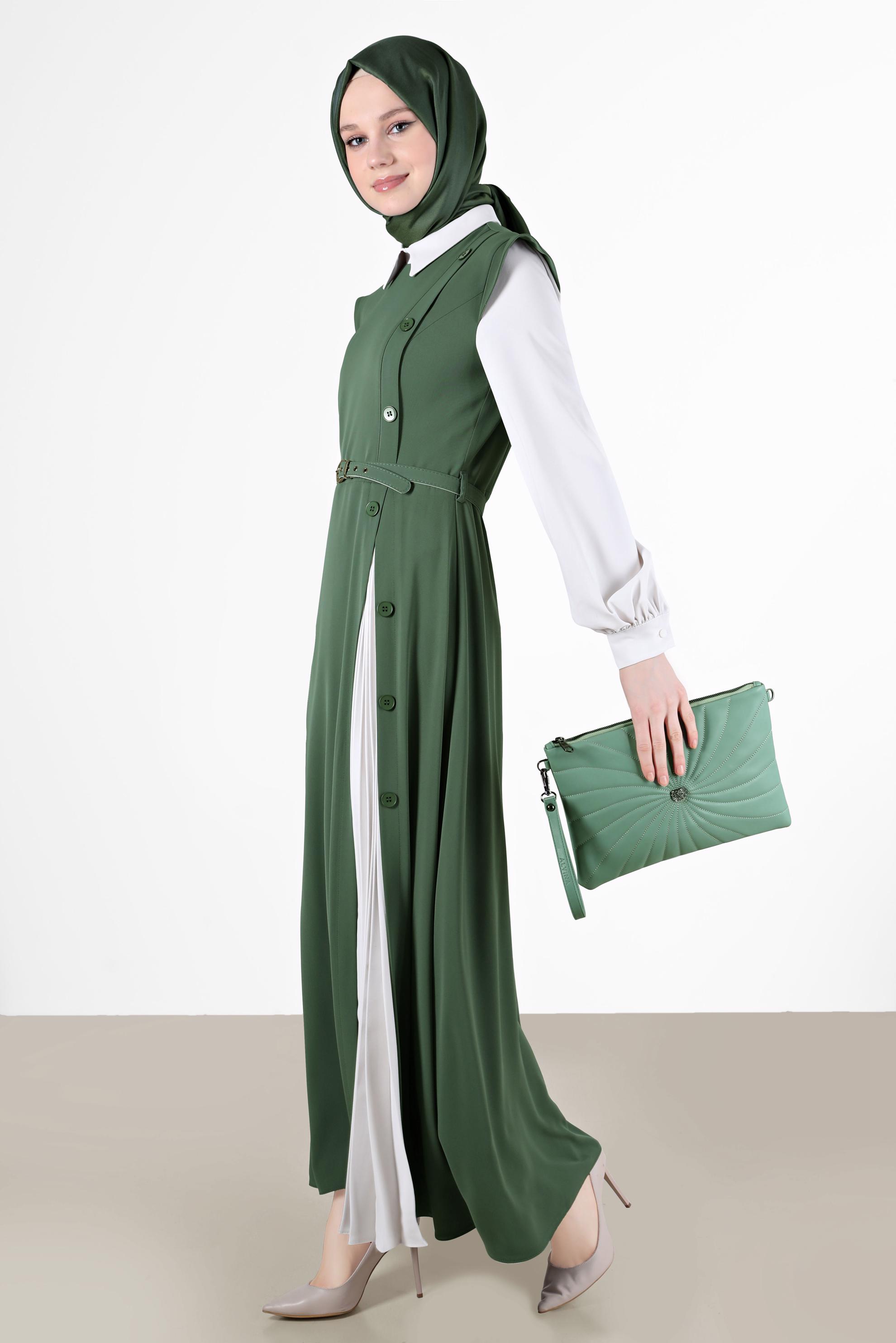 Tesettür giyim HAKİ DÜĞME DETAYLI ELBİSE 42626 