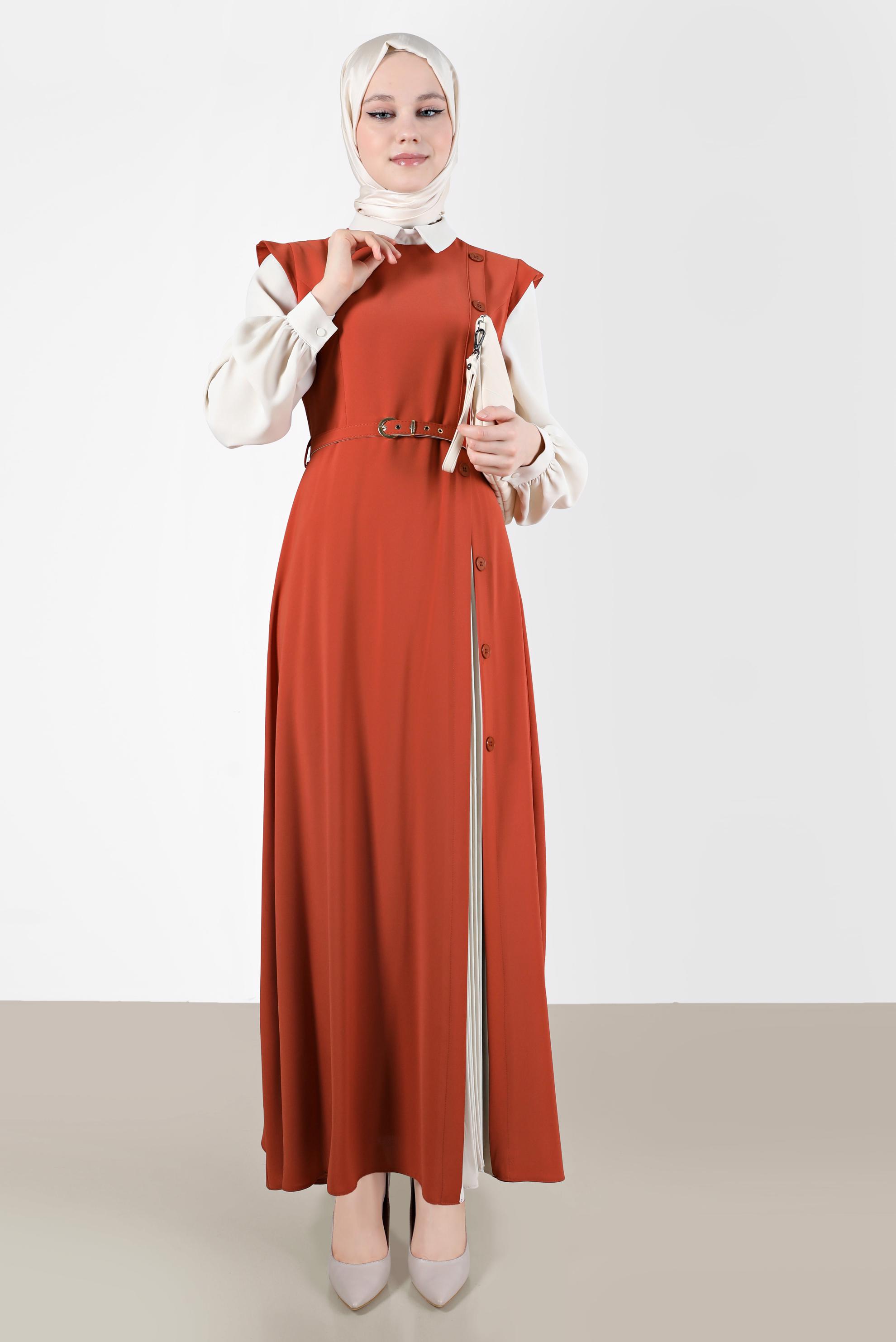 Tesettür giyim TURUNCU DÜĞME DETAYLI ELBİSE 42626 