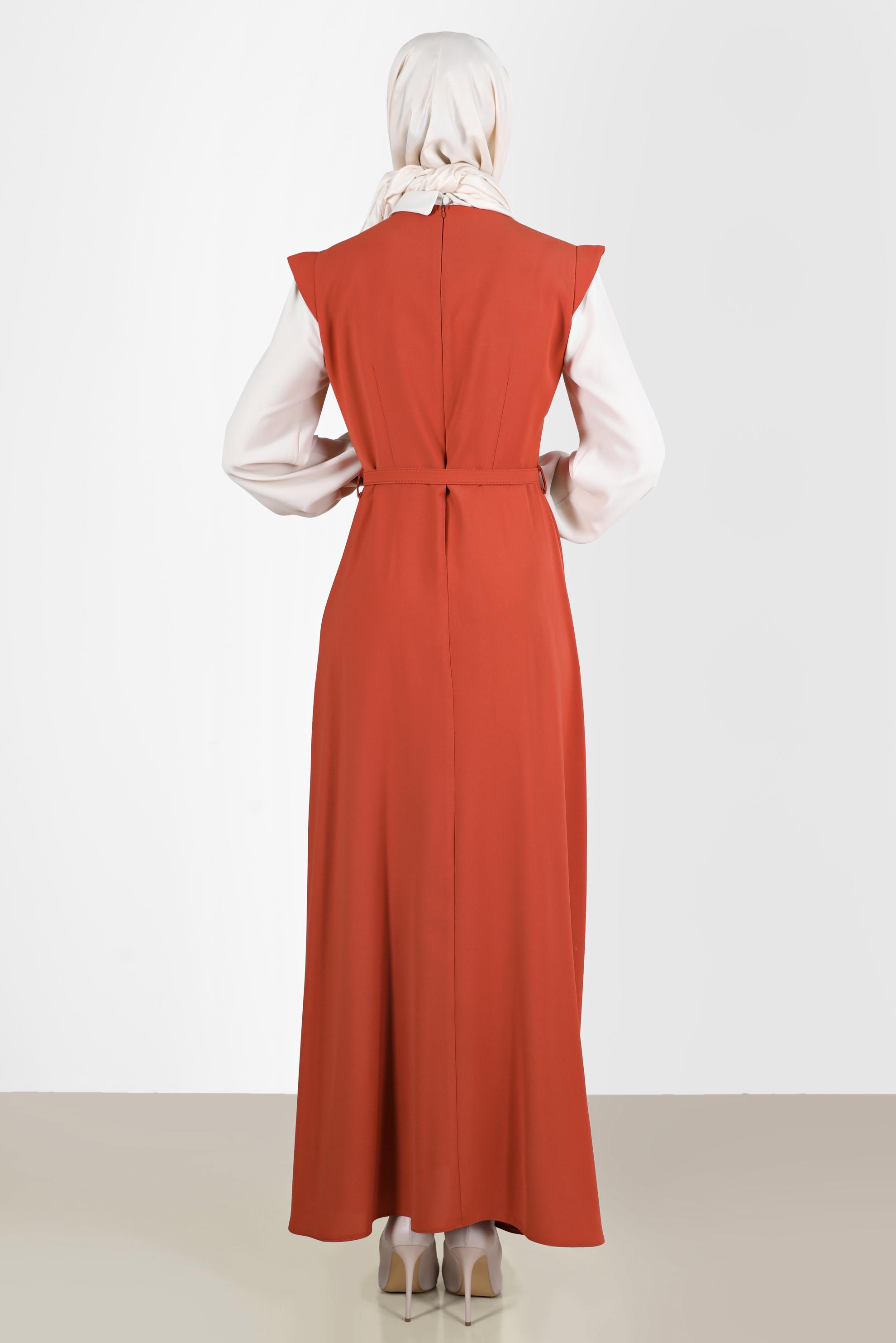 Tesettür giyim TURUNCU DÜĞME DETAYLI ELBİSE 42626 