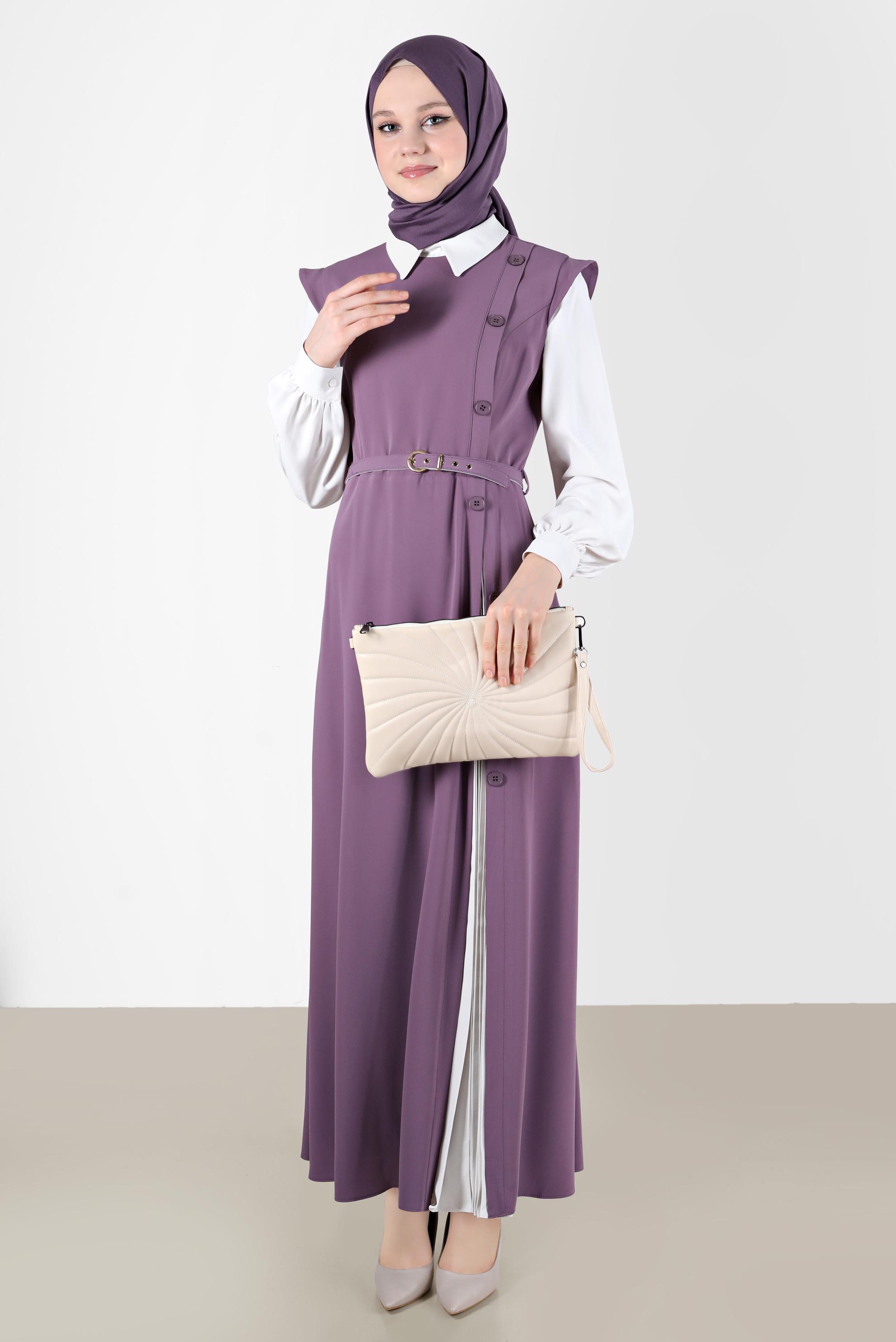 Tesettür giyim MOR DÜĞME DETAYLI ELBİSE 42626 