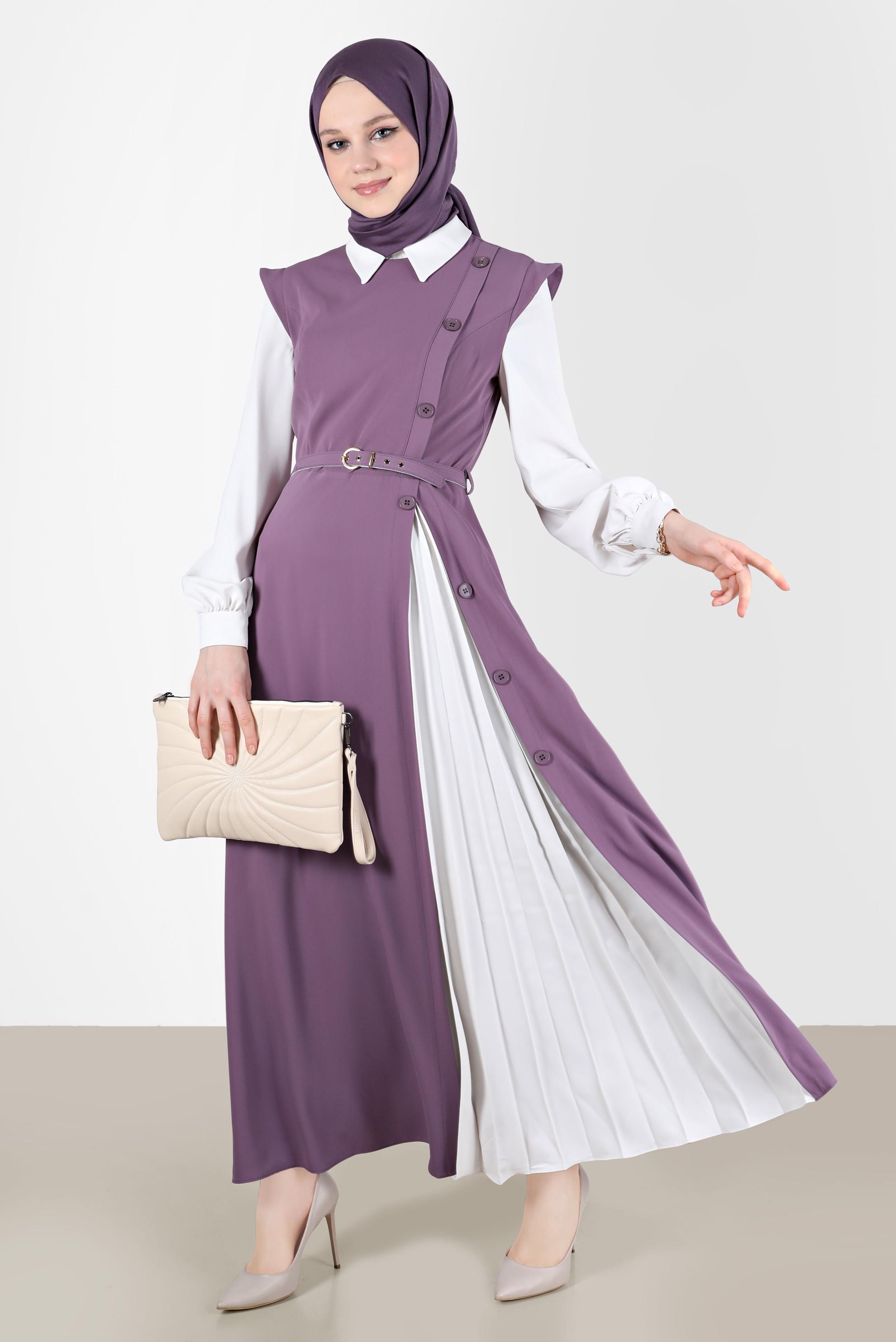 Tesettür giyim MOR DÜĞME DETAYLI ELBİSE 42626 