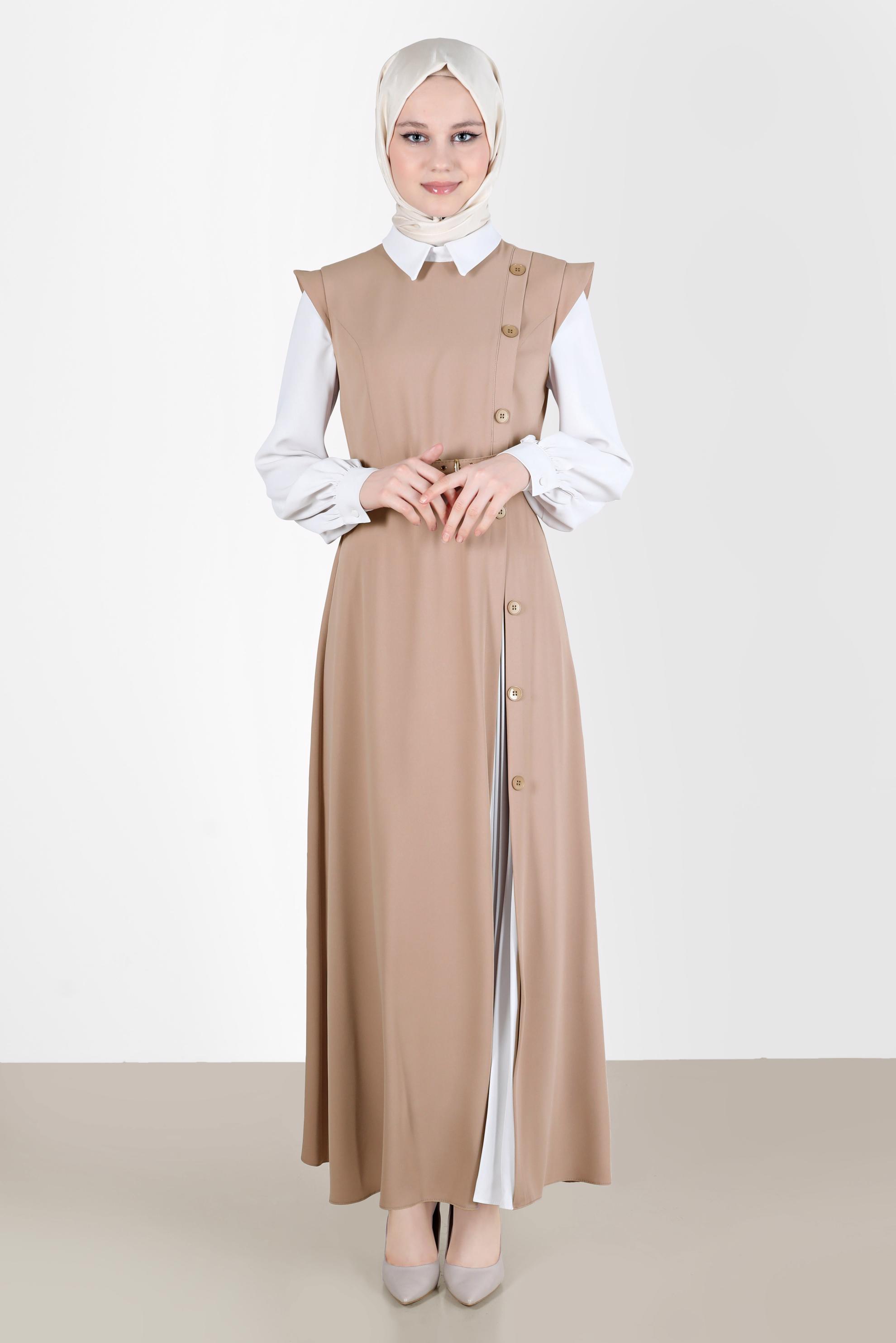 Tesettür giyim KAHVE DÜĞME DETAYLI ELBİSE 42626 