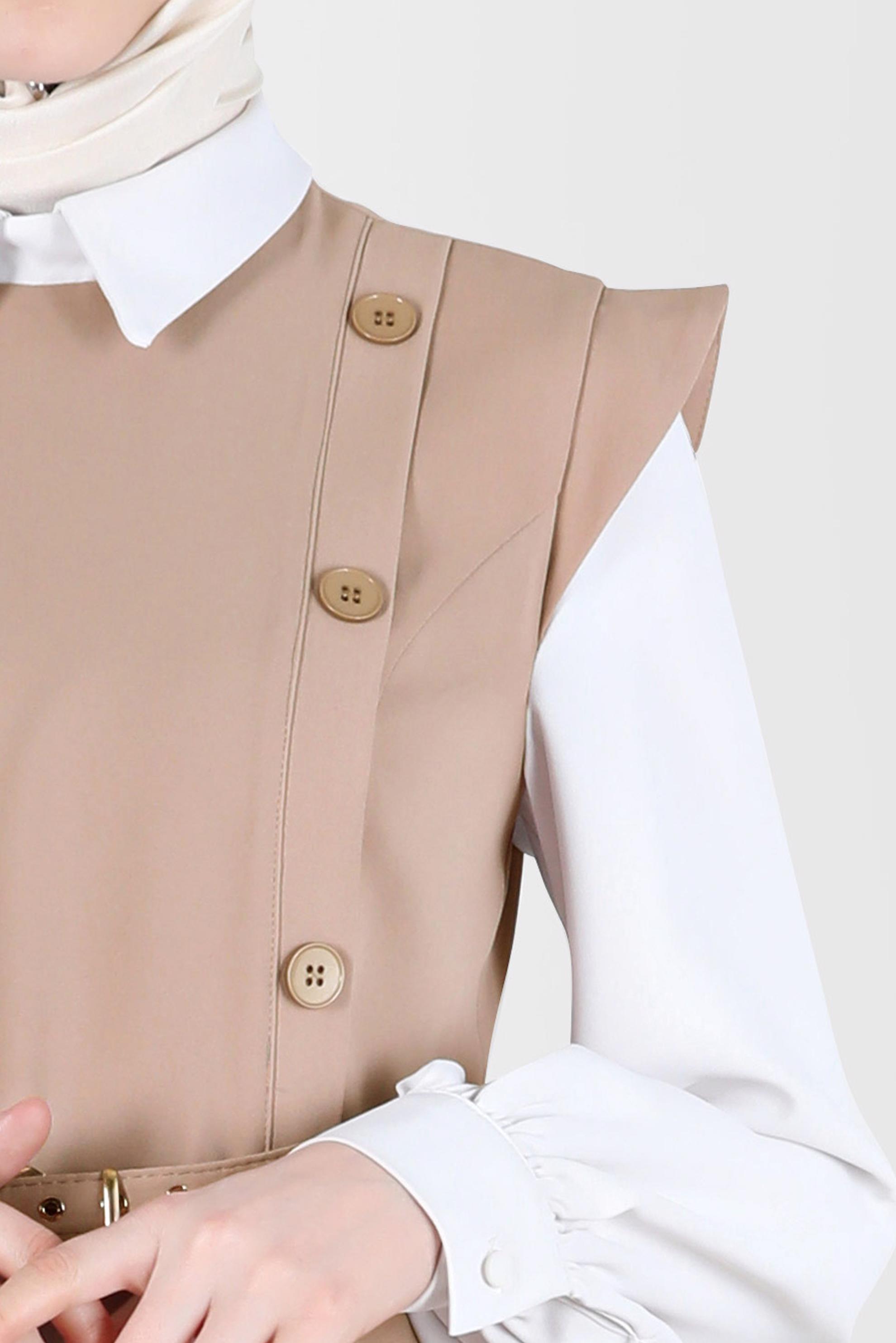 Tesettür giyim KAHVE DÜĞME DETAYLI ELBİSE 42626 