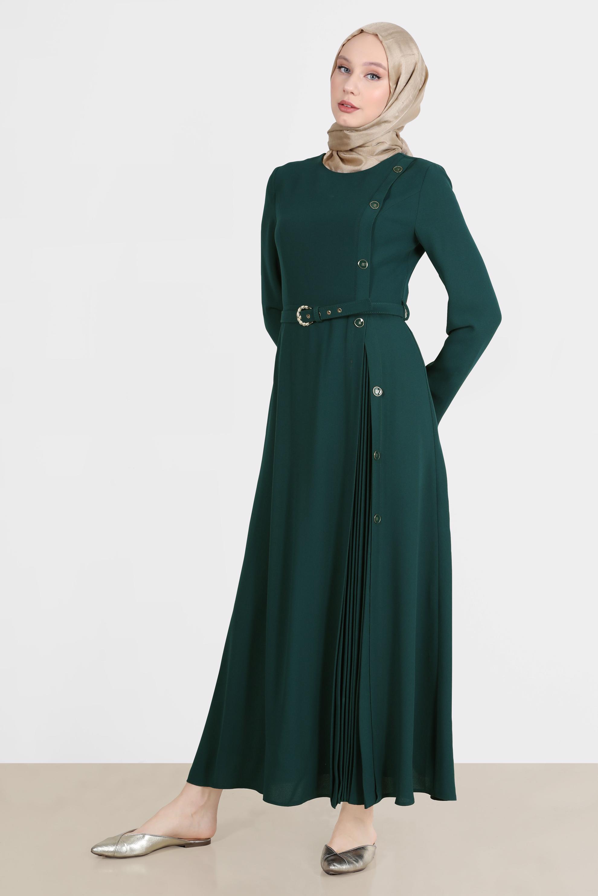 Tesettür giyim MAVİ PİLE DETAYLI DÜĞMELİ KEMERLİ KREP ELBİSE 42627 